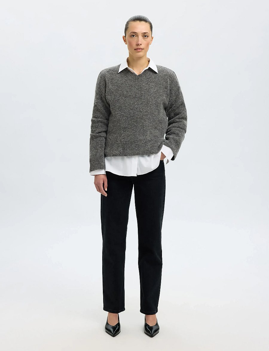 Selected - SLFSIA RAS LS KNIT LONG V-NECK NOOS - pullover - medium grey melange - 5