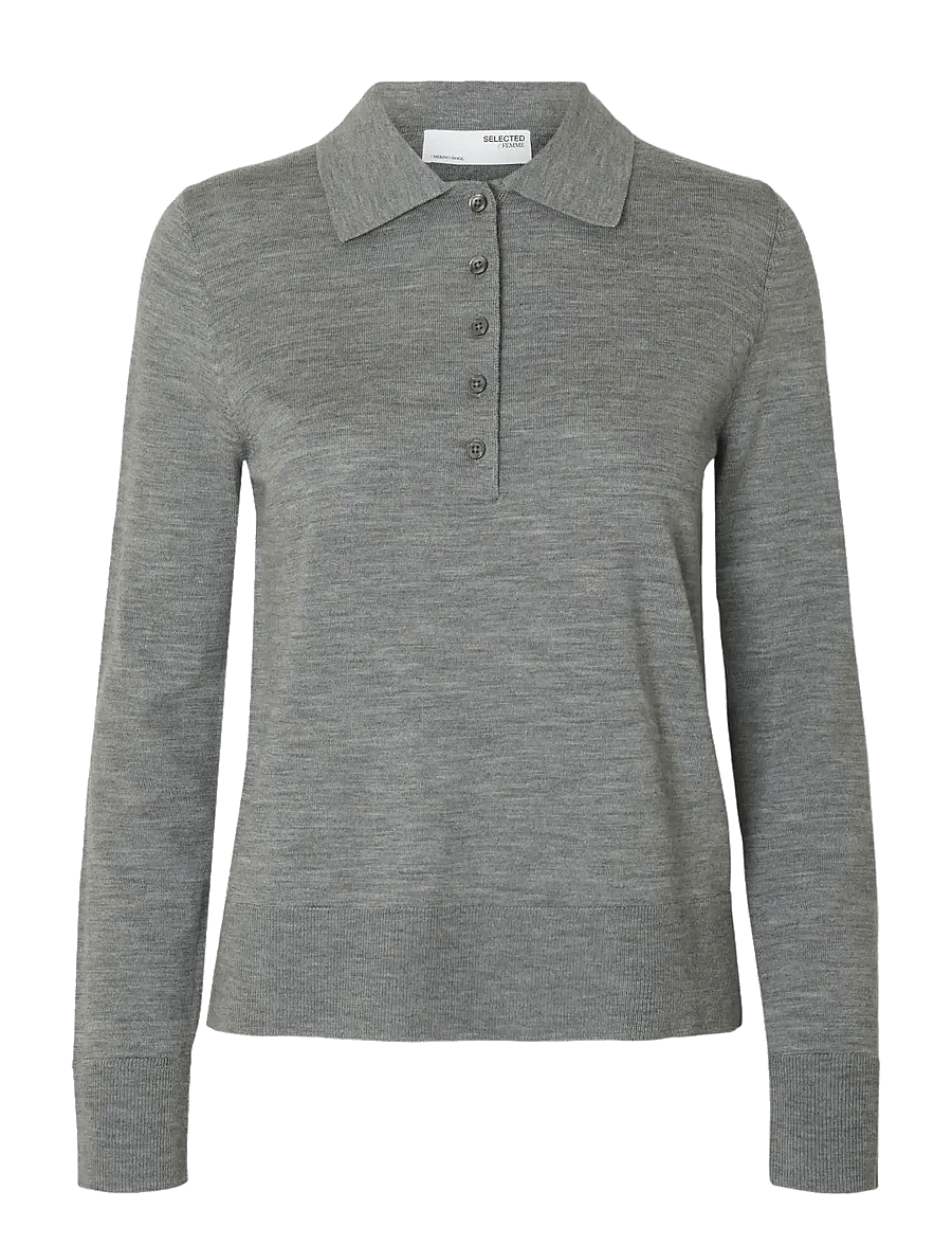 Selected - SLWTHEA LS KNIT MERINO COLLAR NECK NOOS - pullover - medium grey melange - 1