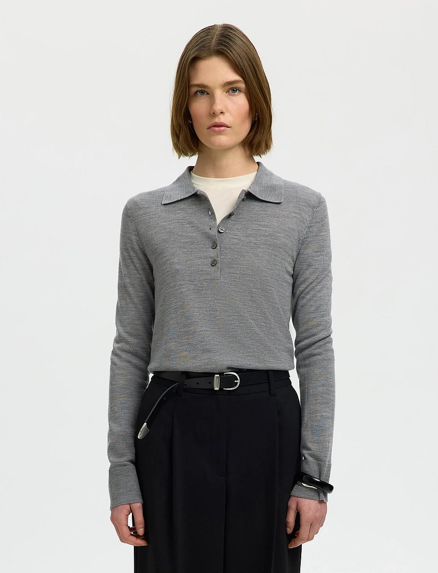 Selected - SLWTHEA LS KNIT MERINO COLLAR NECK NOOS - pullover - medium grey melange - 0