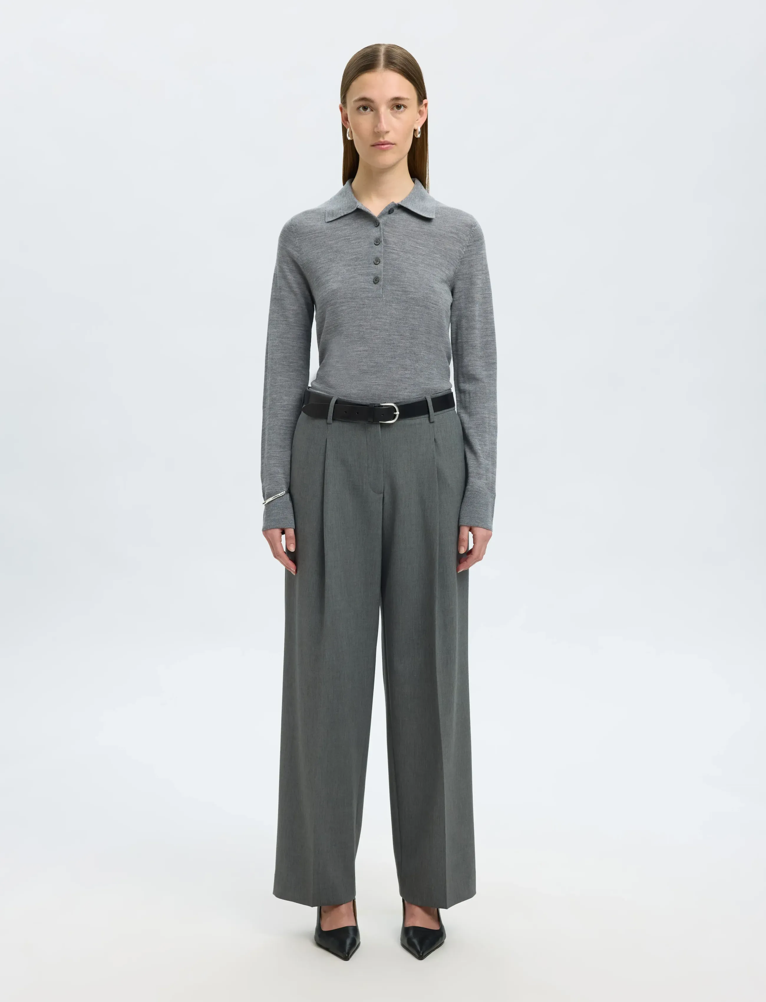 Selected - SLWTHEA LS KNIT MERINO COLLAR NECK NOOS - pullover - medium grey melange - 4