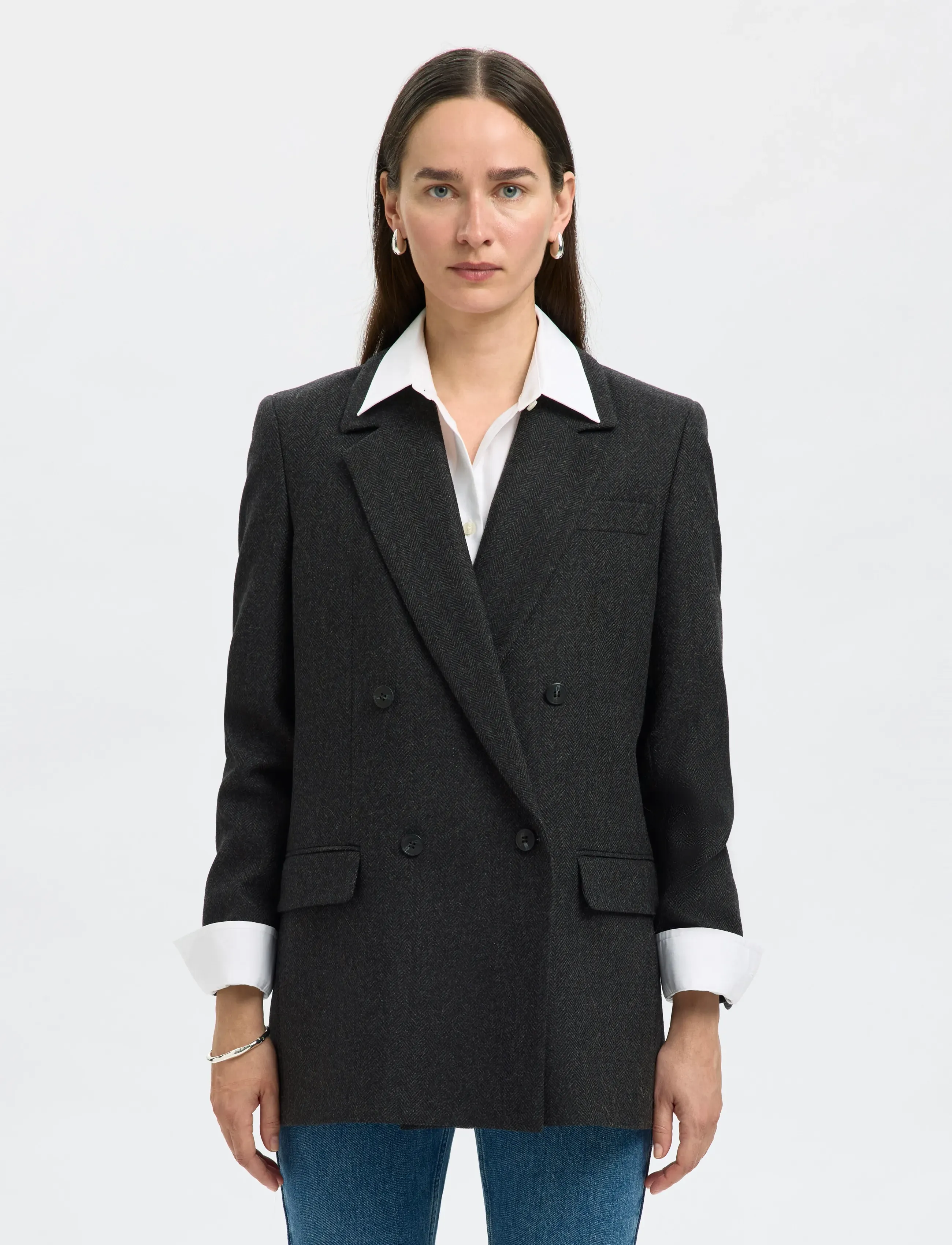 Selected Slfelin Wool Blend Blazer Noos, Kvinder, Dobbeltbrystet Blazer, Grå, Str: 42