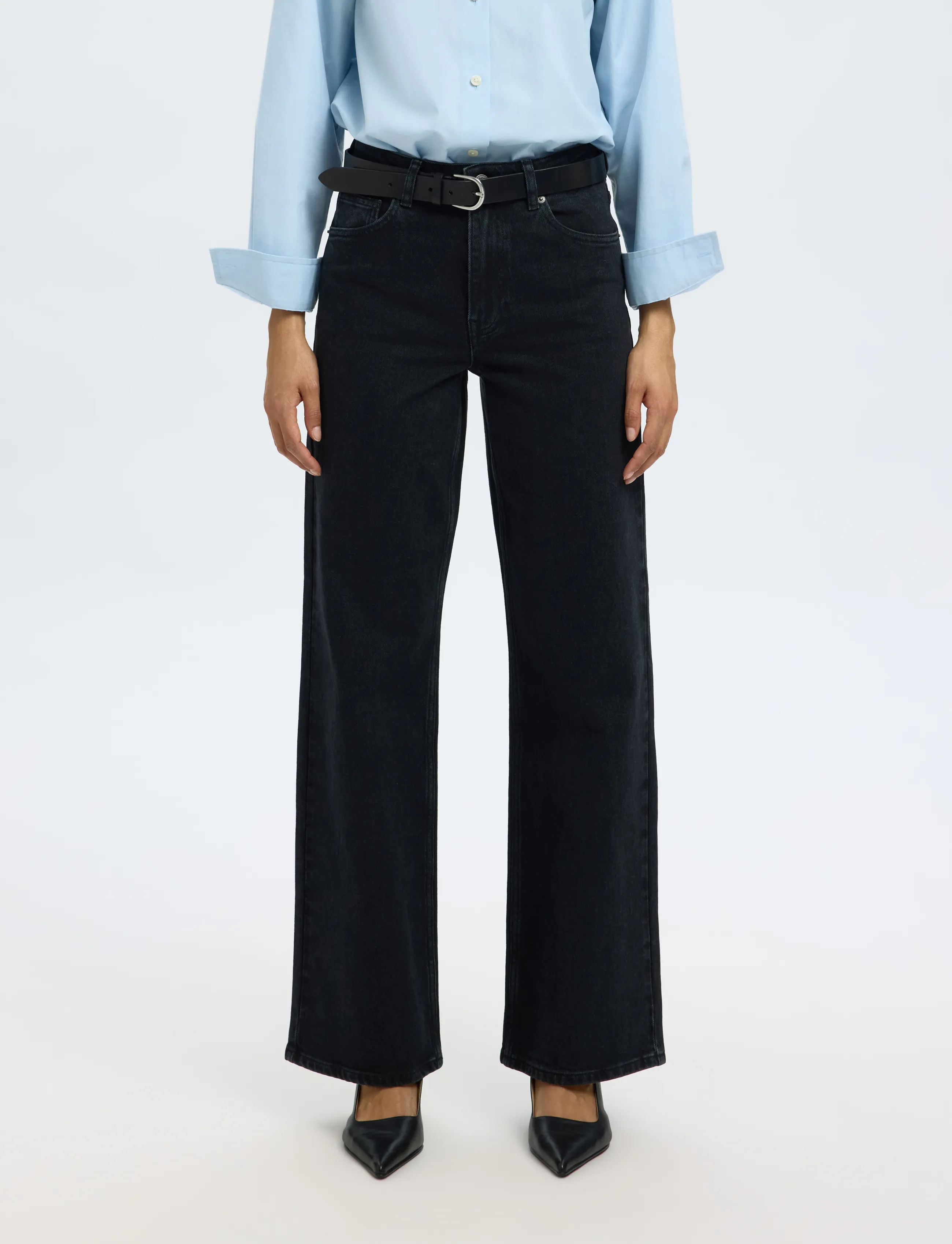 Selected SLWWIDE BEA-KORI HW JEANS NOOS - Jeans - BLACK DENIM / black