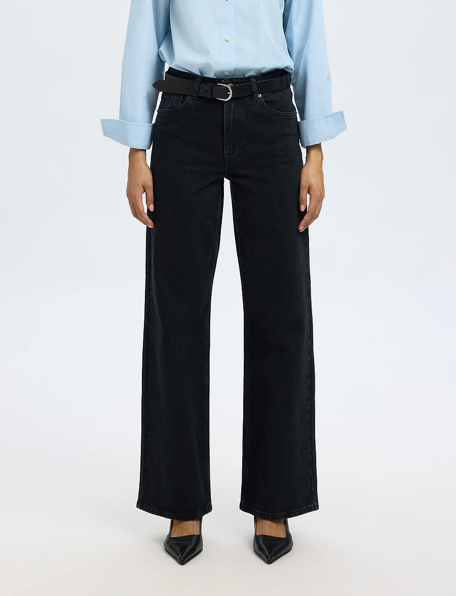 Selected - SLWWIDE BEA-KORI HW JEANS NOOS - hosen mit weitem bein - black denim - 0