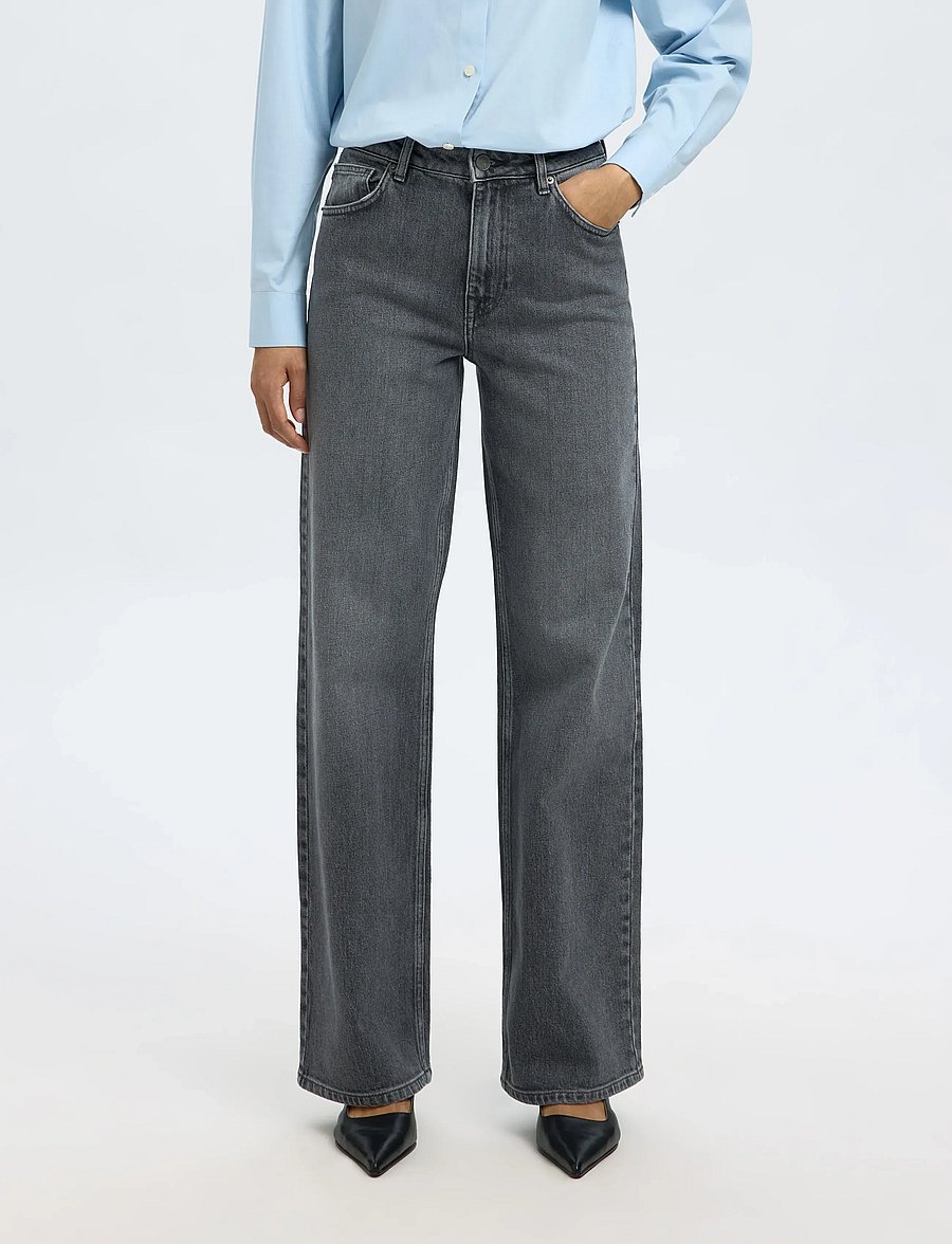 Selected - SLWWIDE BEA-KORI HW JEANS NOOS - hosen mit weitem bein - medium grey denim - 0