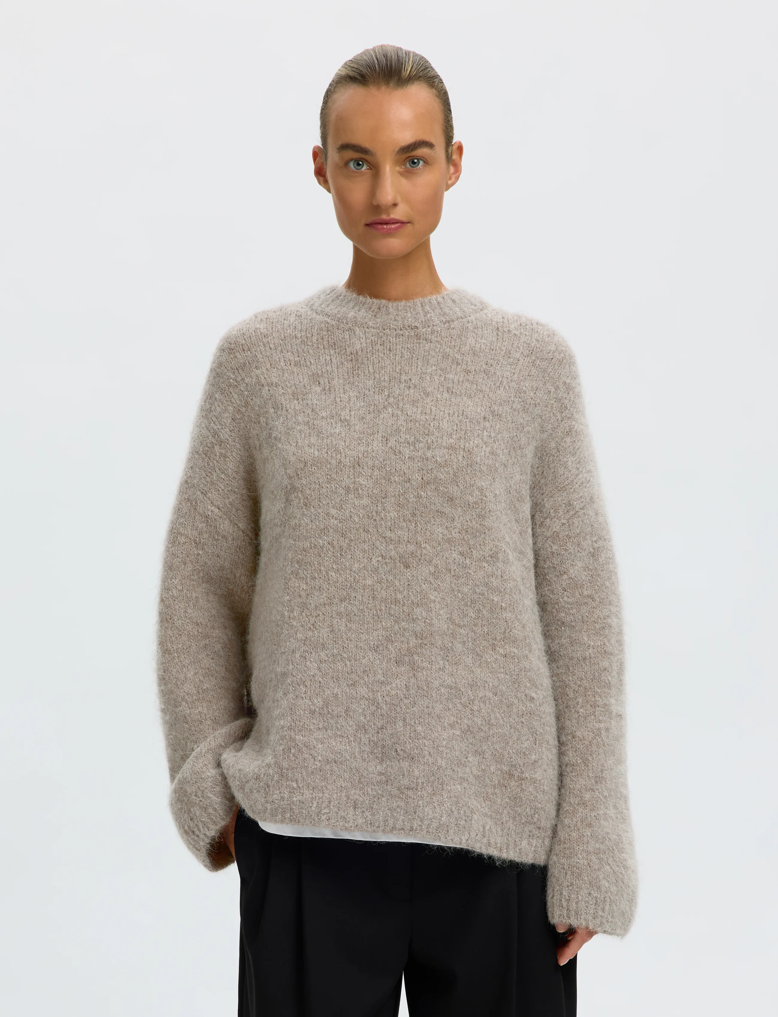 Selected SLWGABRIELLA LS KNIT NEW O-NECK NOOS - Selected - STEEL GRAY / beige