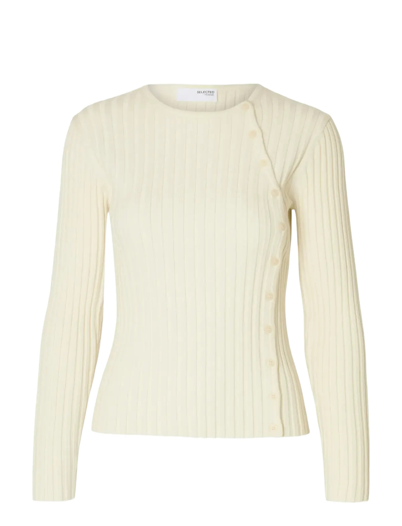 Selected SLFHELEN LS KNIT BUTTON O-NECK TOP - Tøj - BIRCH / white