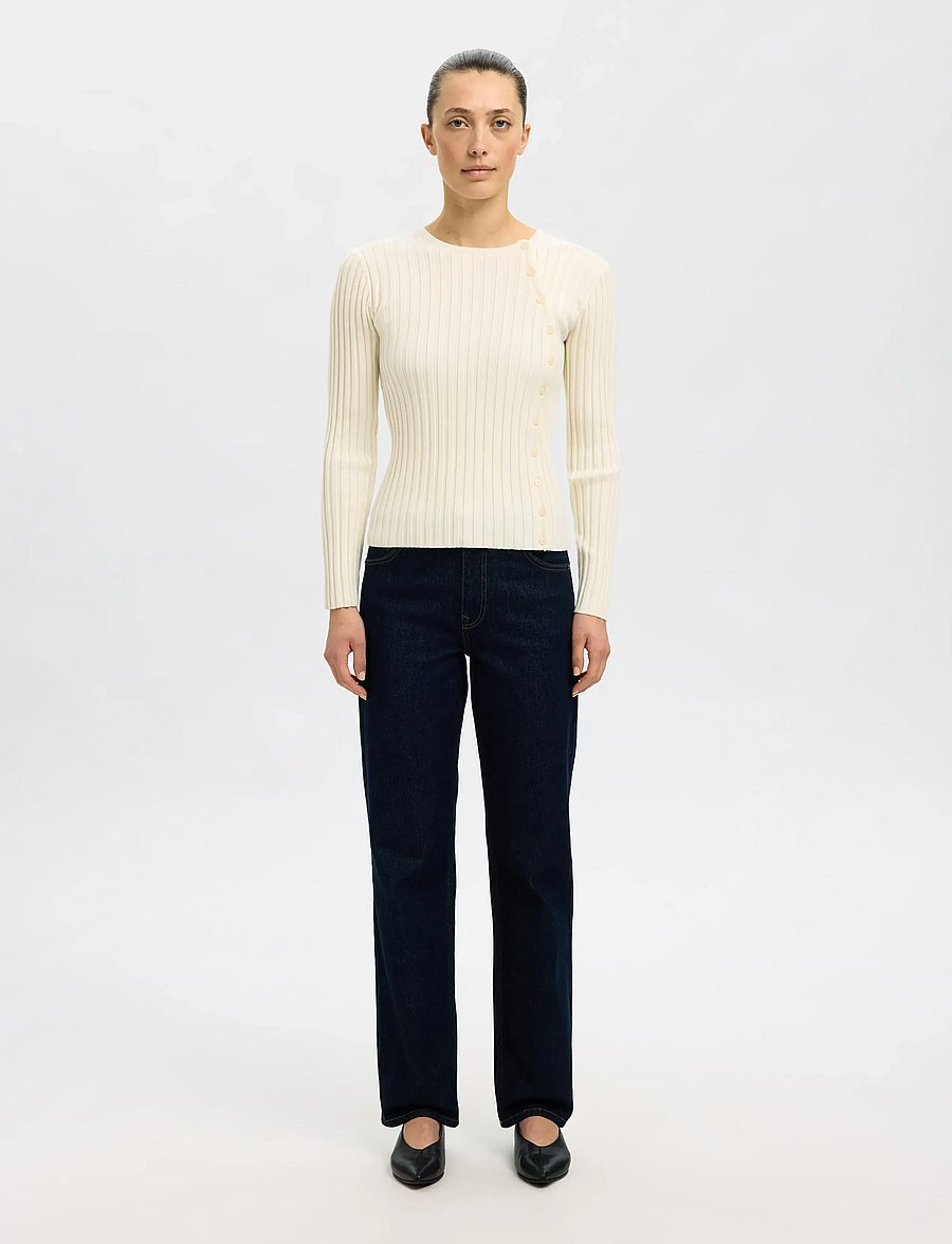 Selected - SLFHELEN LS KNIT BUTTON O-NECK TOP - pullover - birch - 0