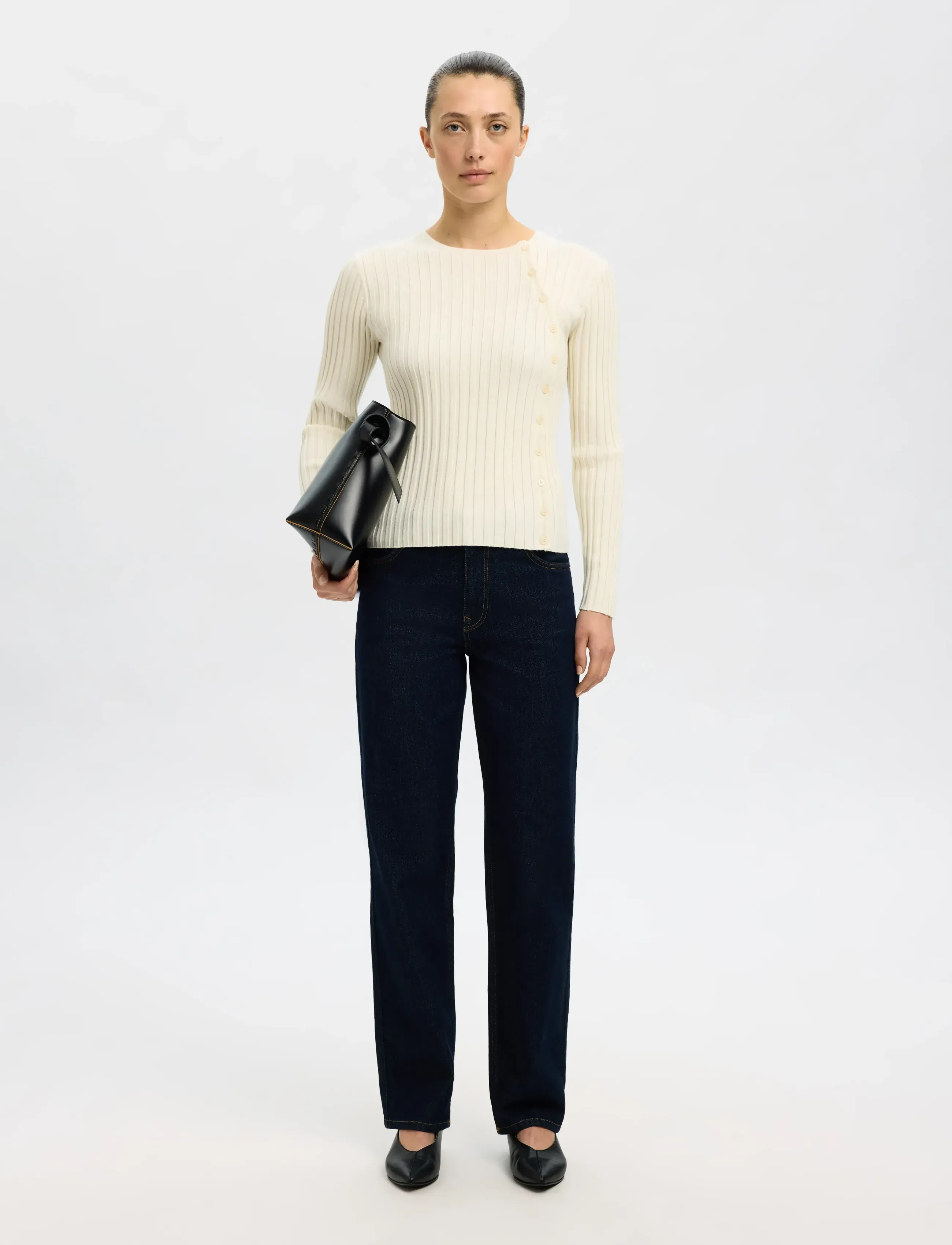Selected - SLFHELEN LS KNIT BUTTON O-NECK TOP - peysur - birch - 3