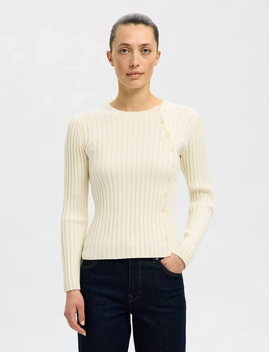Selected - SLFHELEN LS KNIT BUTTON O-NECK TOP - pullover - birch - 5