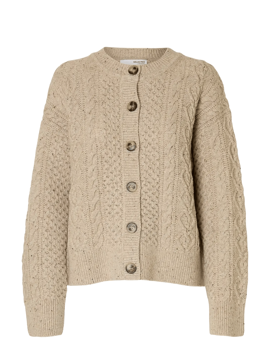 Selected - SLFNELLY LS KNIT O-NECK CARDIGAN - koftor - birch - 1