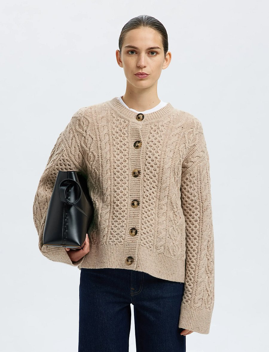 Selected - SLFNELLY LS KNIT O-NECK CARDIGAN - koftor - birch - 0