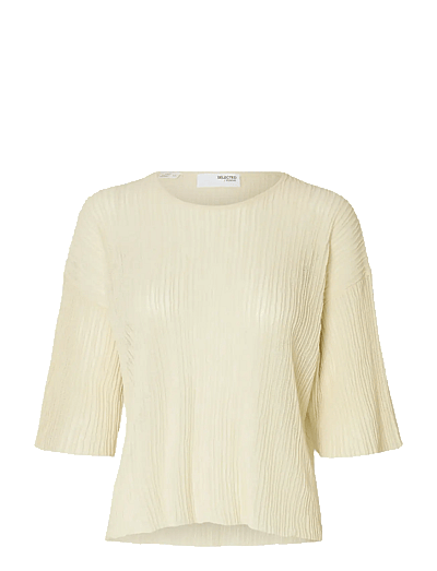 Selected SLFLEA 2/4 KNIT O-NECK - Prjónafatnaður - BIRCH / cream