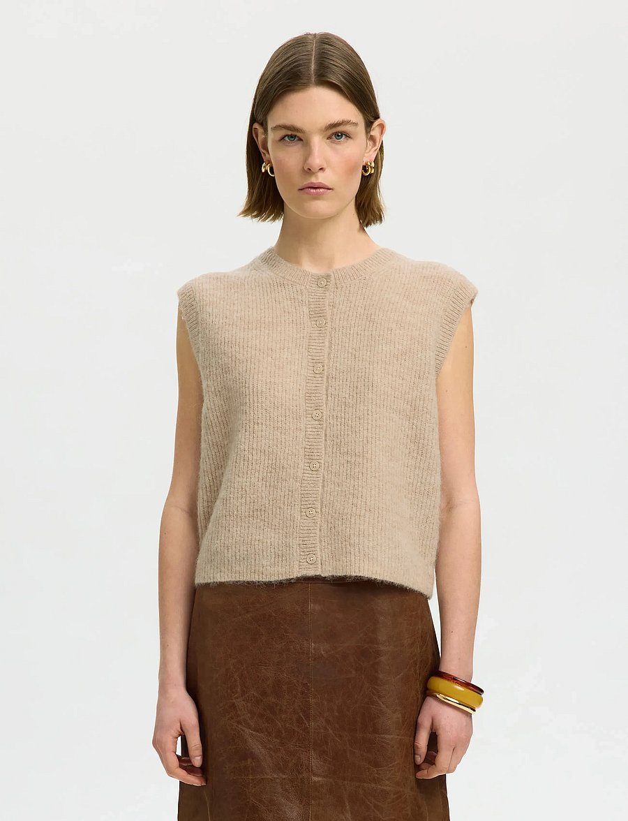 Selected - SLWLULU SL BUTTON O-NECK VEST NOOS - kootud vestid - birch - 0