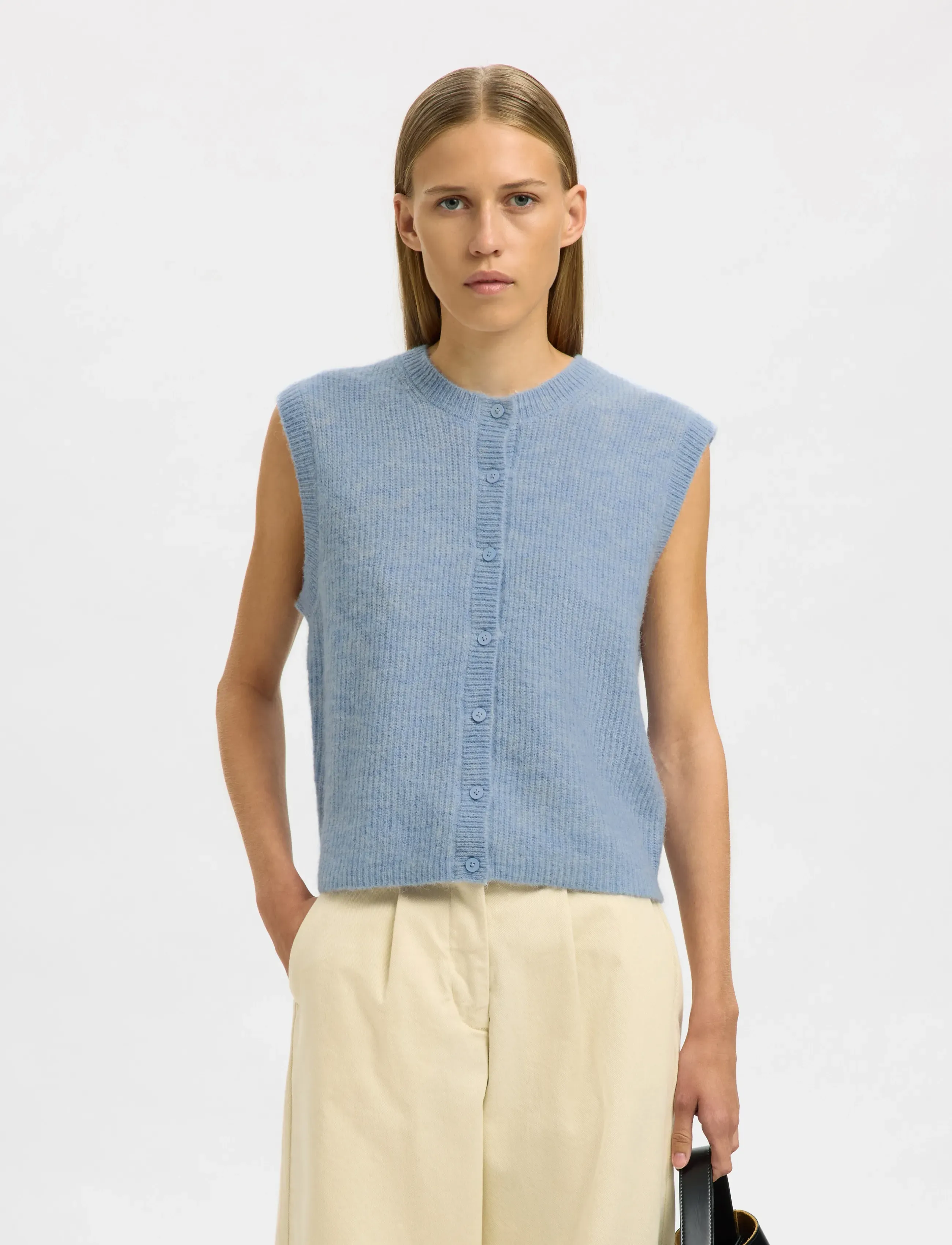 Selected Slwlulu Sl Button O-Neck Vest Noos, S, Blue, Veste > Strikkede Veste, Dame