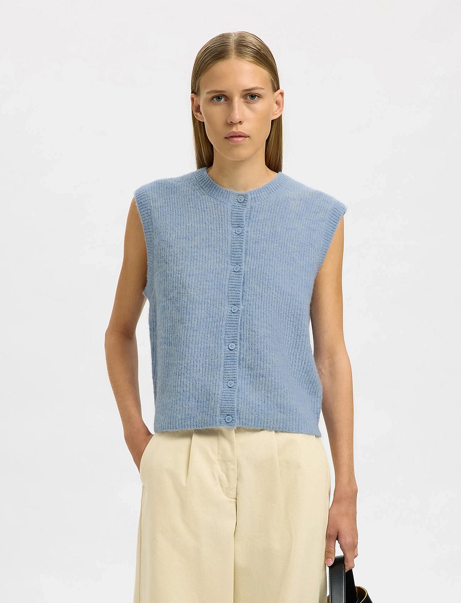 Selected - SLWLULU SL BUTTON O-NECK VEST NOOS - kootud vestid - cashmere blue - 0