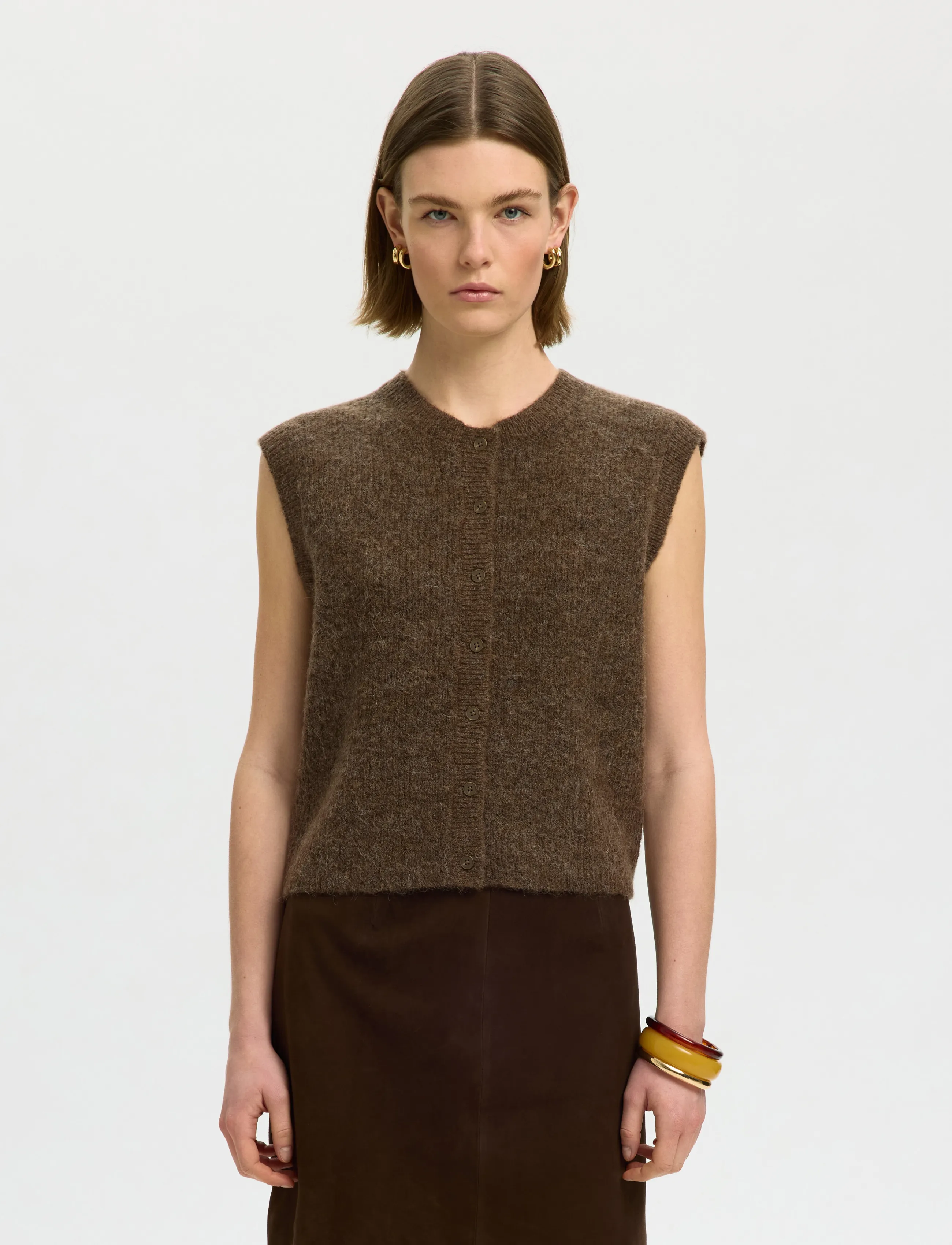 Selected Slwlulu Sl Button O-Neck Vest Noos, L, Brown, Veste > Strikkede Veste, Dame