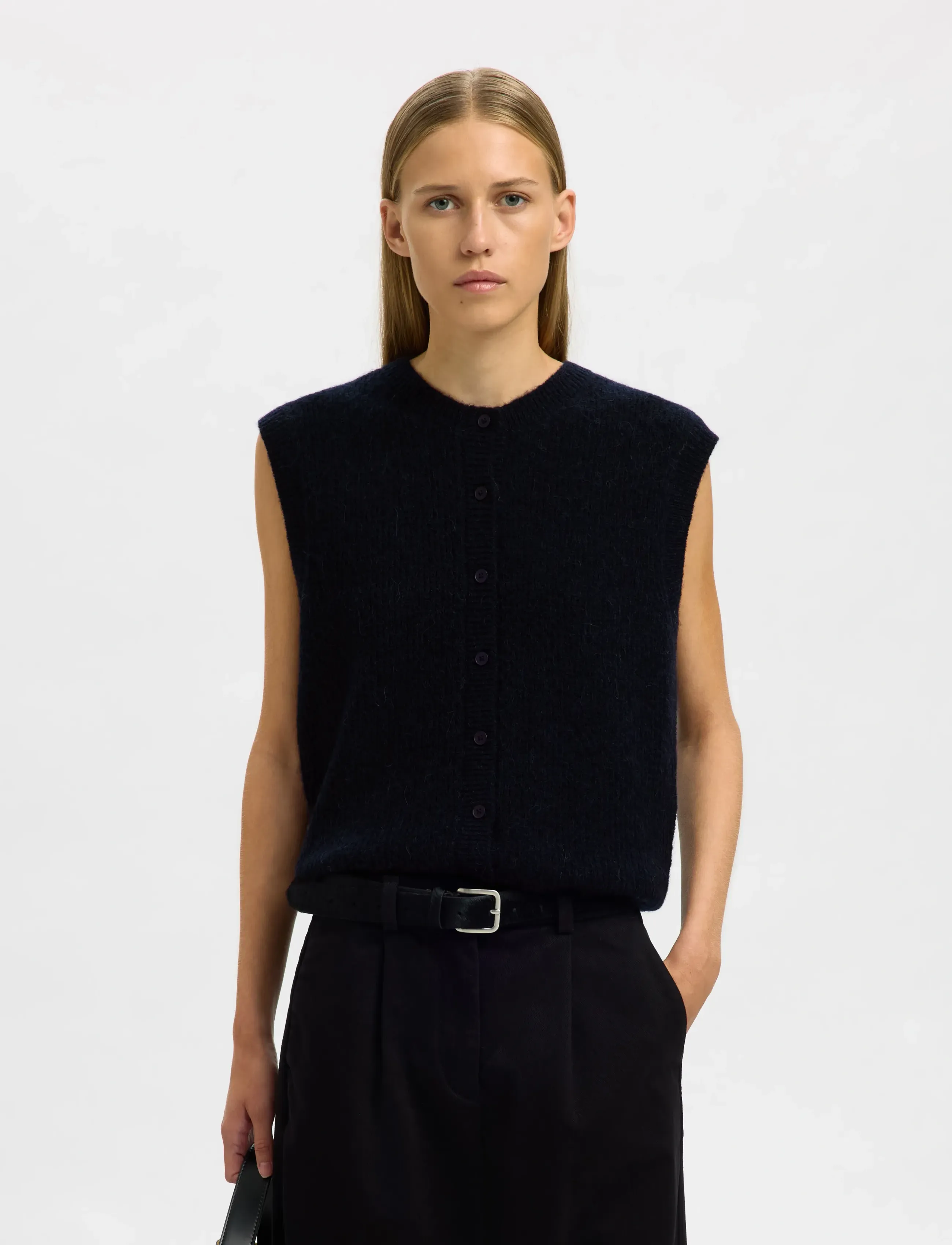 Selected Slwlulu Sl Button O-Neck Vest Noos, L, Navy, Veste > Strikkede Veste, Dame