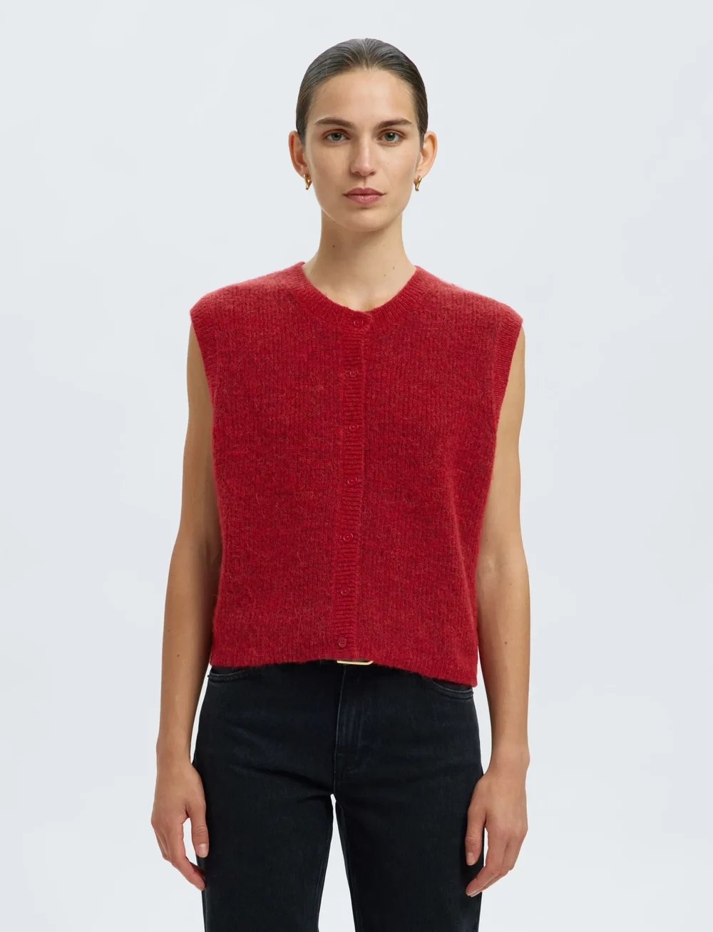 Selected - SLFLULU SL BUTTON O-NECK VEST NOOS - gestrickte westen - equestrian red - 0