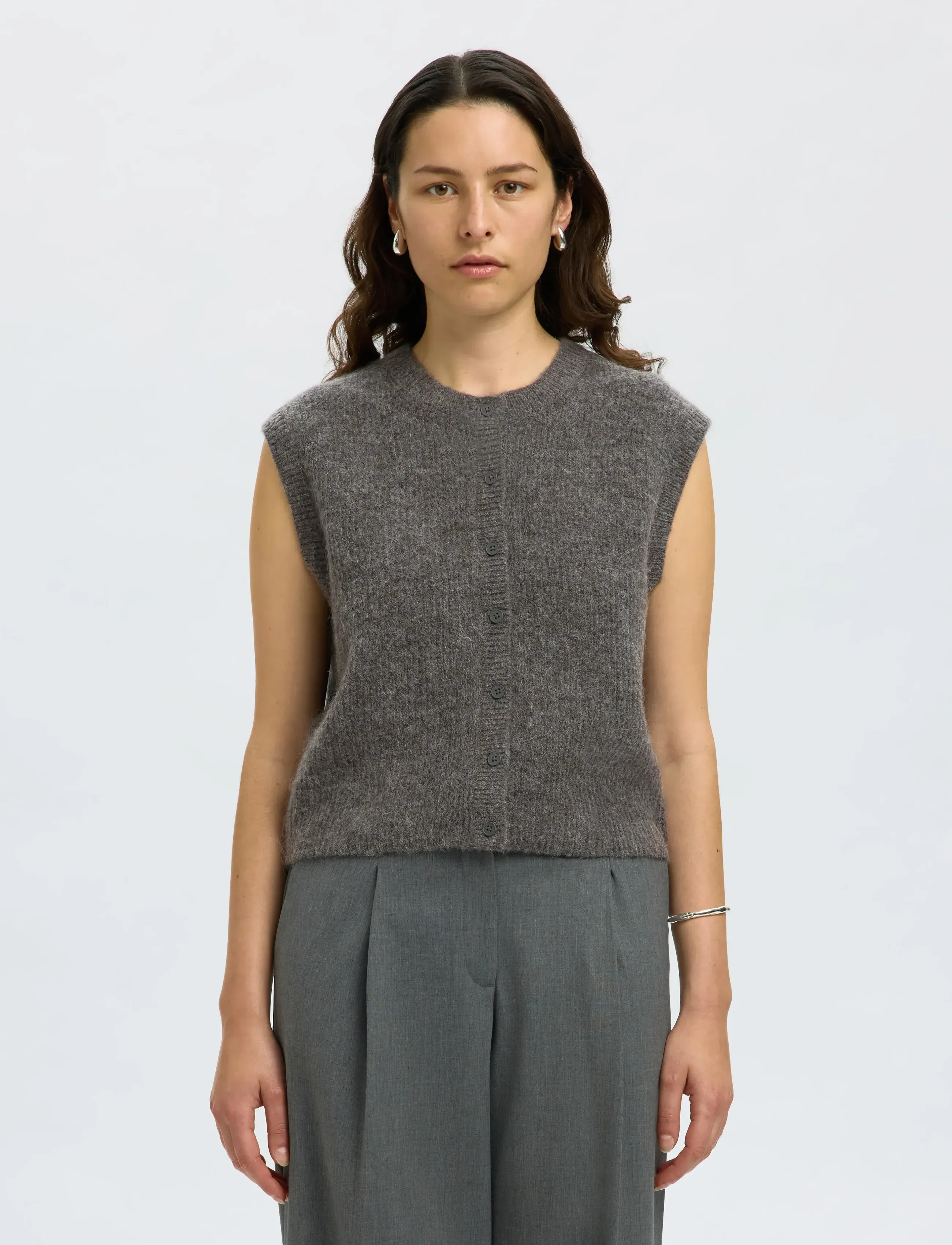 Selected Slwlulu Sl Button O-Neck Vest Noos, XS, Grey, Veste > Strikkede Veste, Dame