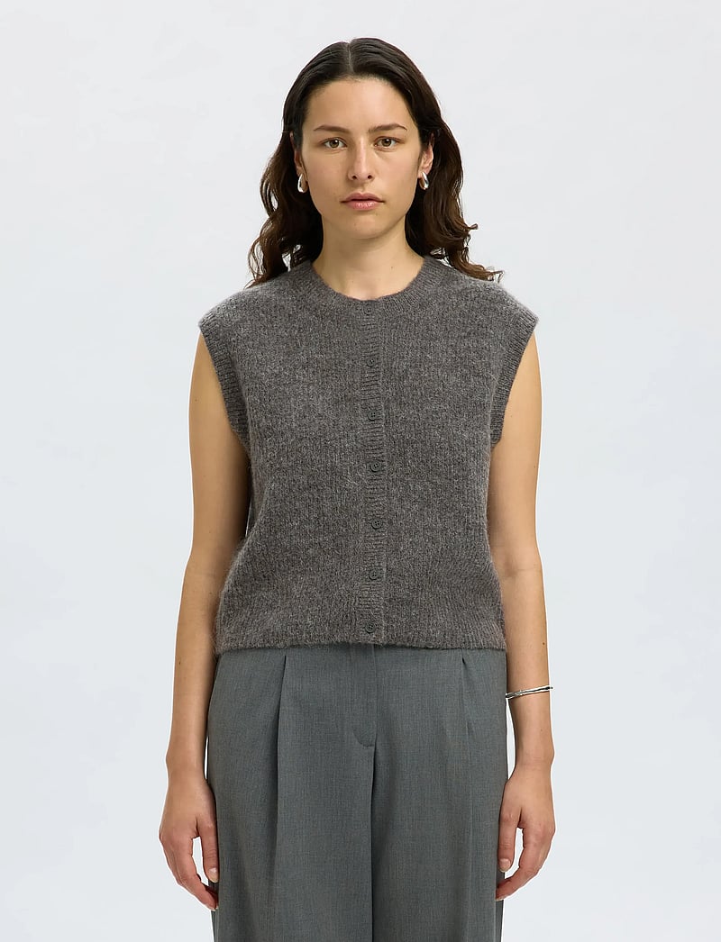 Selected - SLFLULU SL BUTTON O-NECK VEST NOOS - gestrickte westen - medium grey melange - 0