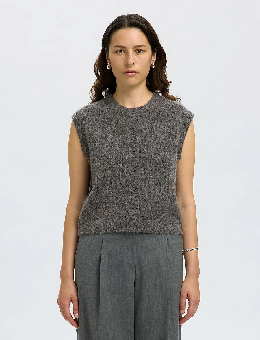 Selected - SLWLULU SL BUTTON O-NECK VEST NOOS - kootud vestid - medium grey melange - 0