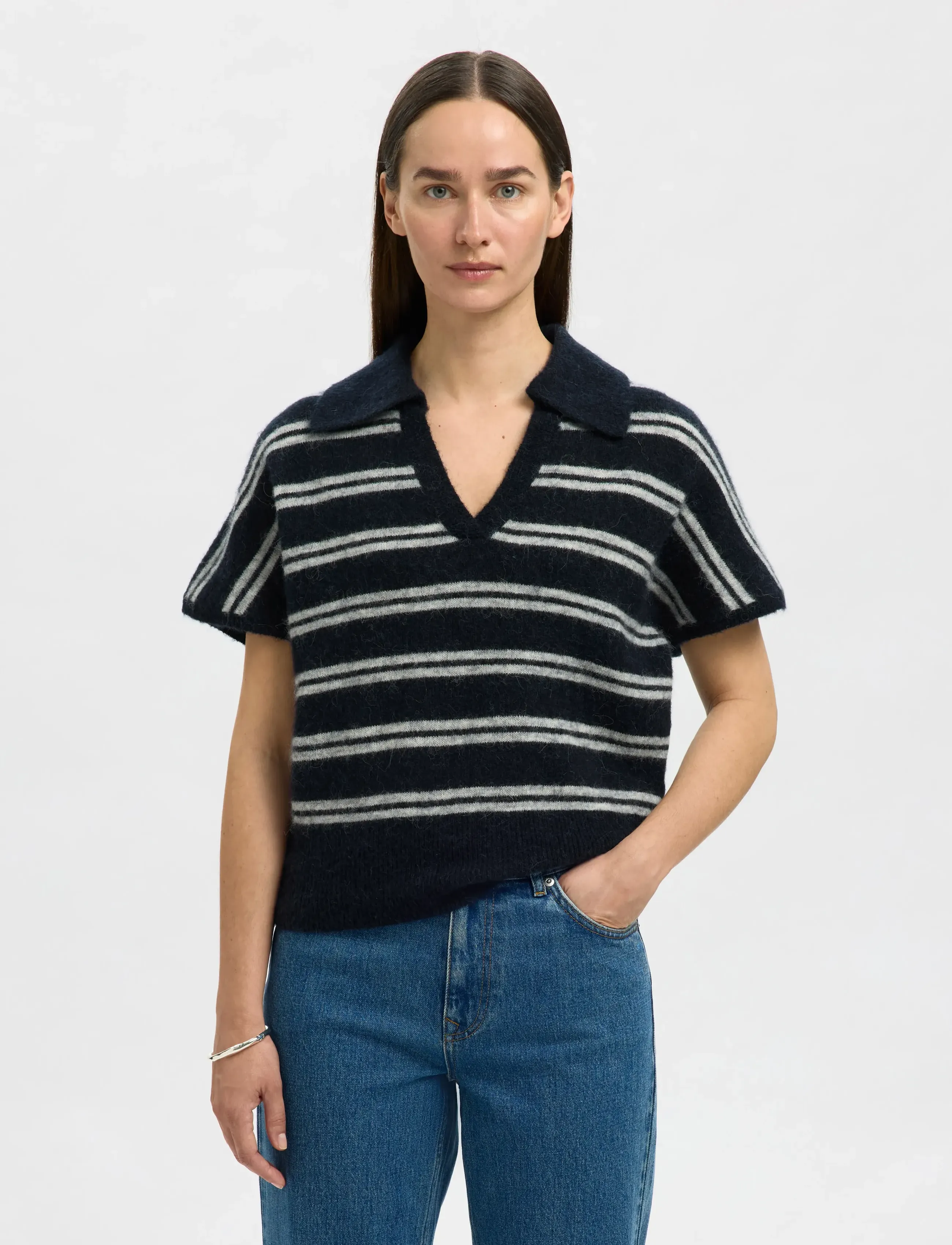 Selected Slflulu Ss Knit Polo, L, Black, Strik > Trøjer, Dame