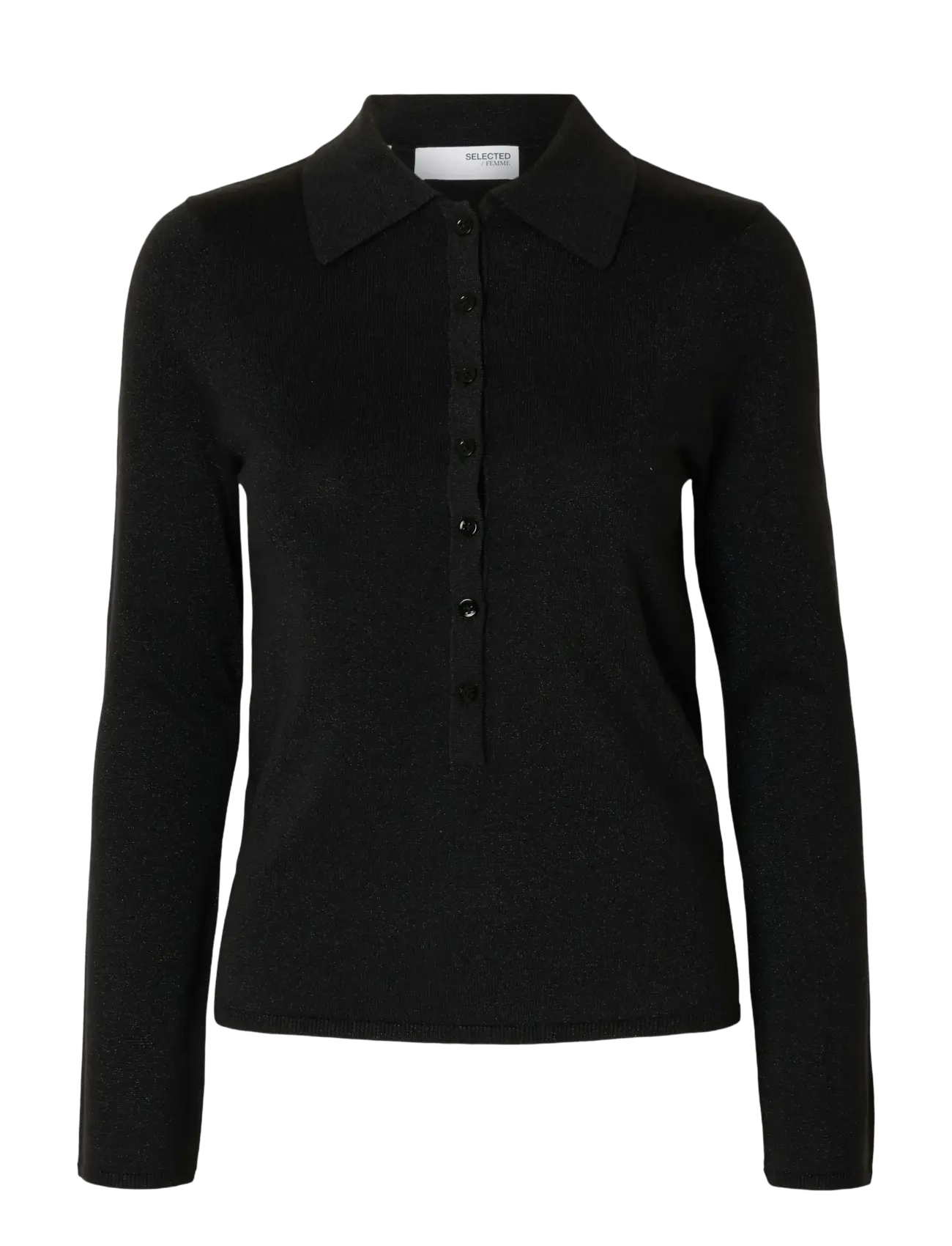 SLFLURA LS SLIM KNIT COLLAR NECK - BLACK