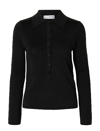 Selected SLFLURA LS SLIM KNIT COLLAR NECK - Poloer - BLACK / black