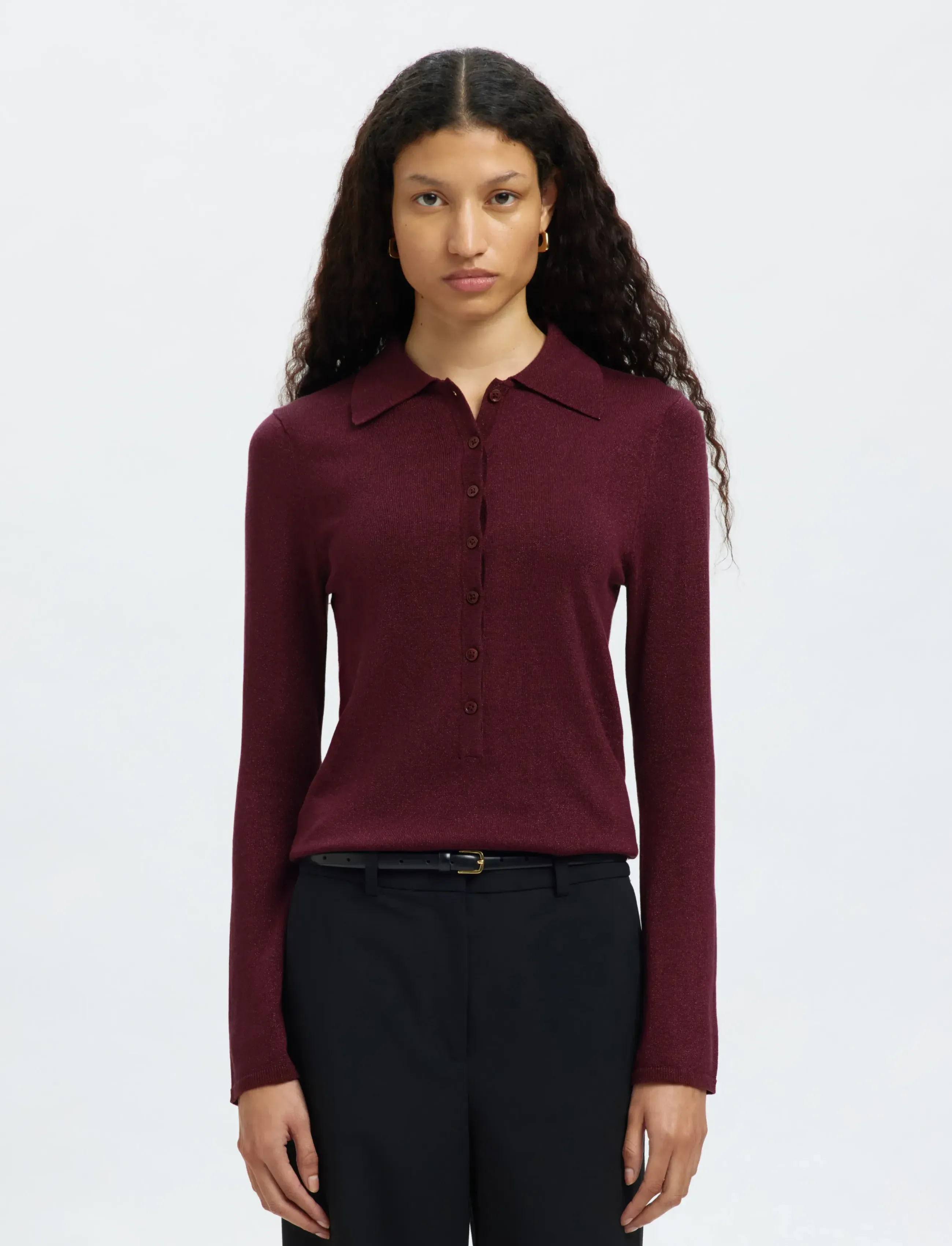 Selected SLFLURA LS SLIM KNIT COLLAR NECK - T-Shirts & Tops - FIG / burgundy