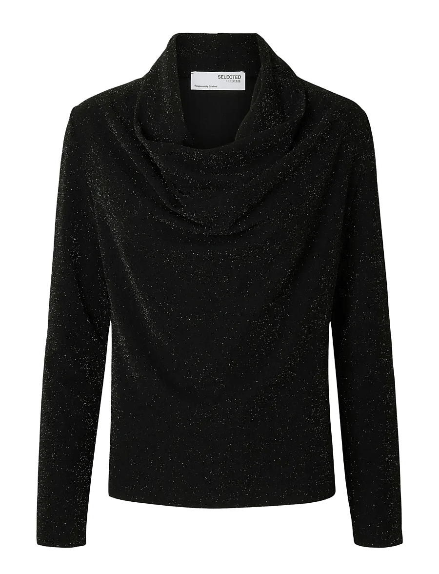 Selected - SLFSANDRA LS COWL NECK TOP - långärmade blusar - black - 1