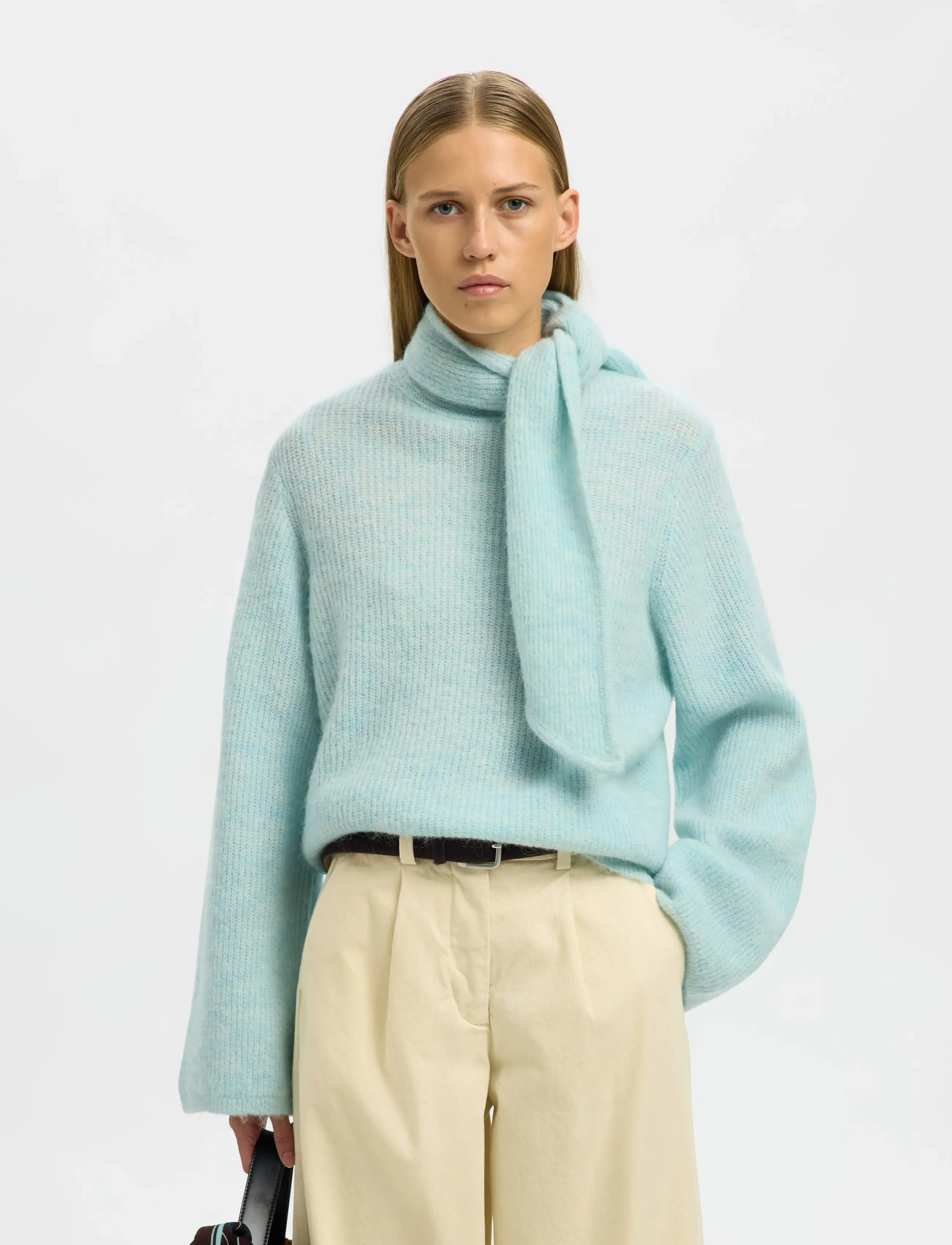 Selected Slflulu Ls Bow Knit, L, Blue, Strik > Trøjer, Dame