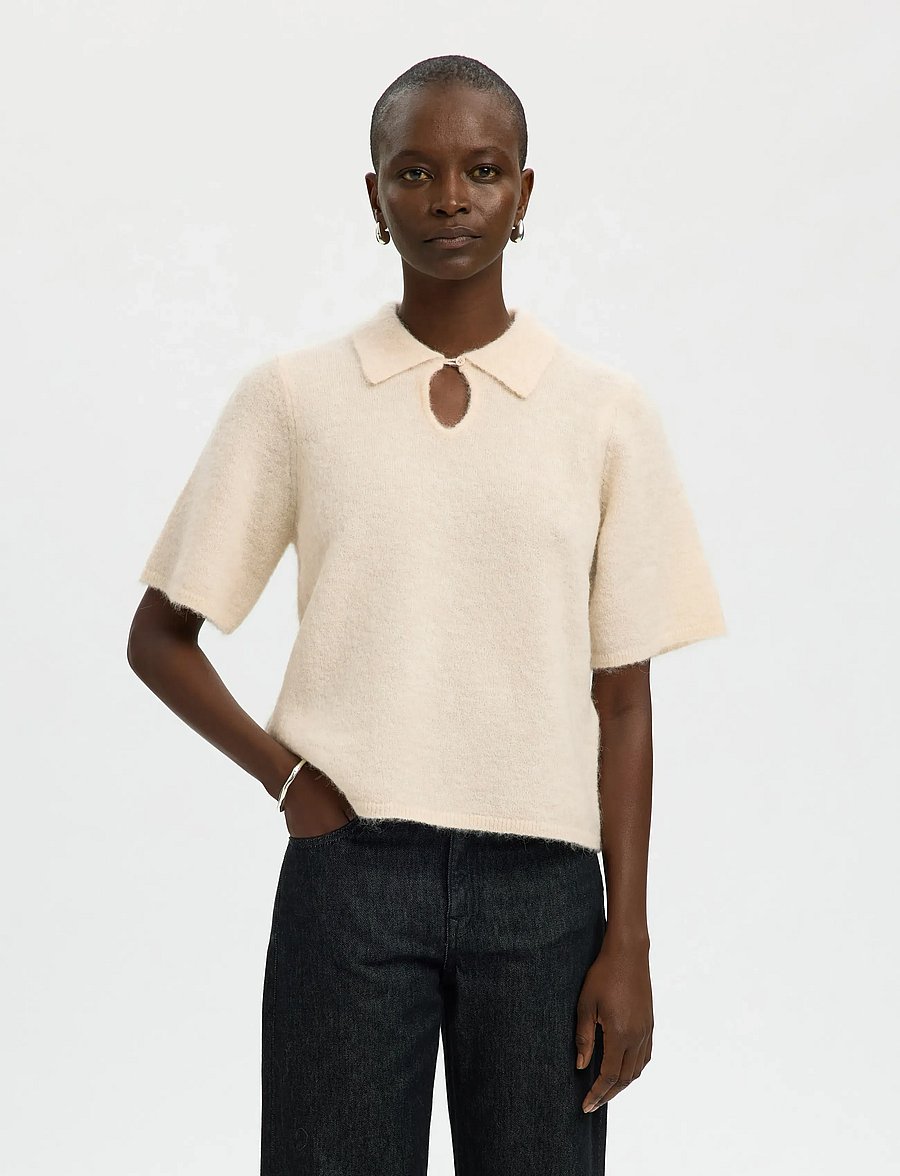 Selected - SLFSIA RAS 2/4 KNIT KEY HOLE COLLAR NECK - pulls - birch - 0
