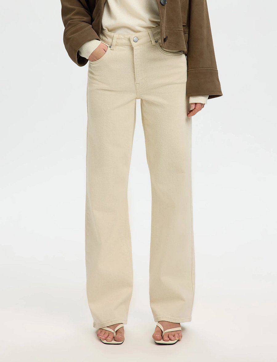 Selected - SLWWIDE BEA-KORI ECRU 609 HW JEANS NOOS - brede jeans - ecru - 0