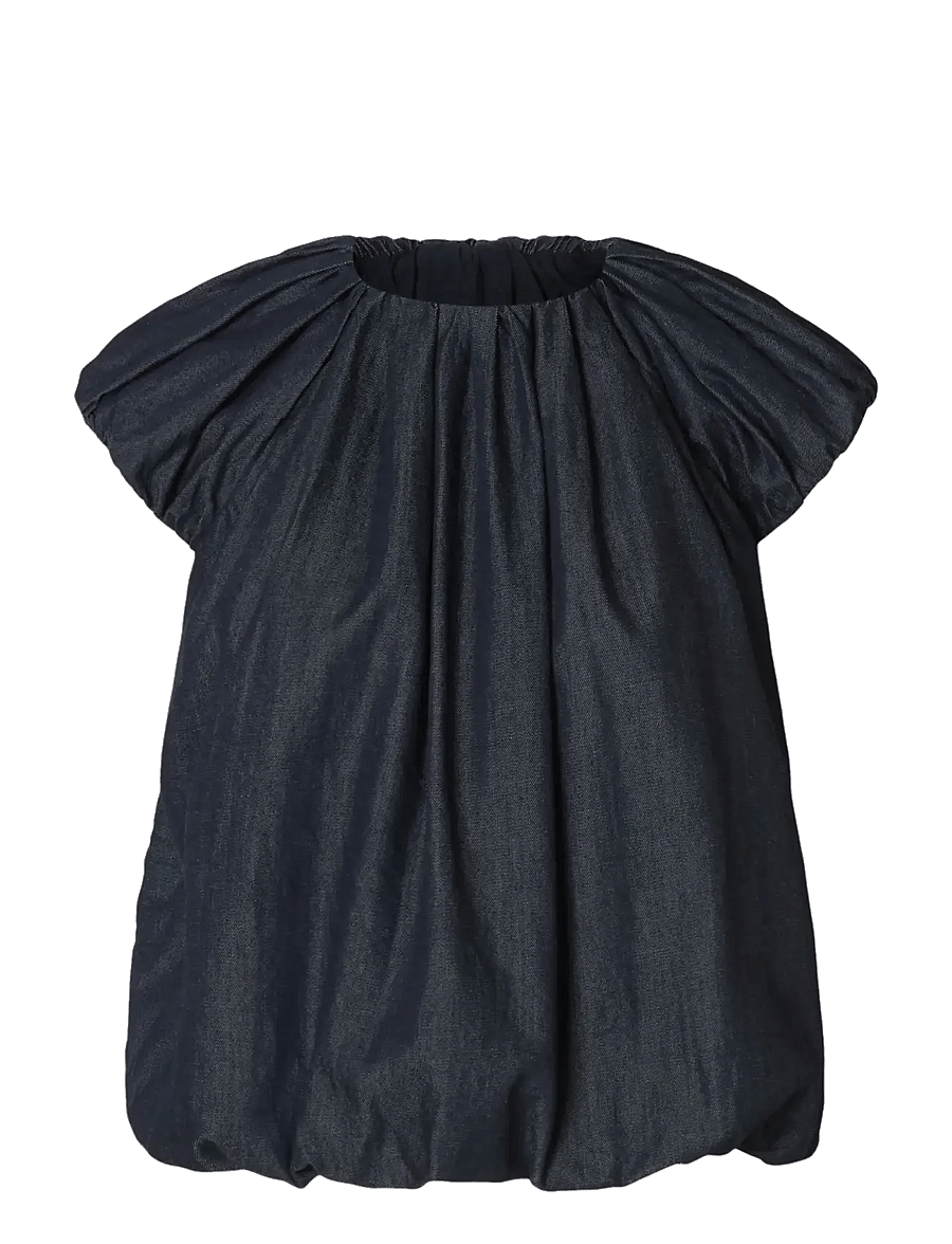 Selected - SLFRILLO CAP SLEEVE DENIM TOP - kurzärmelige blusen - dark blue denim - 1
