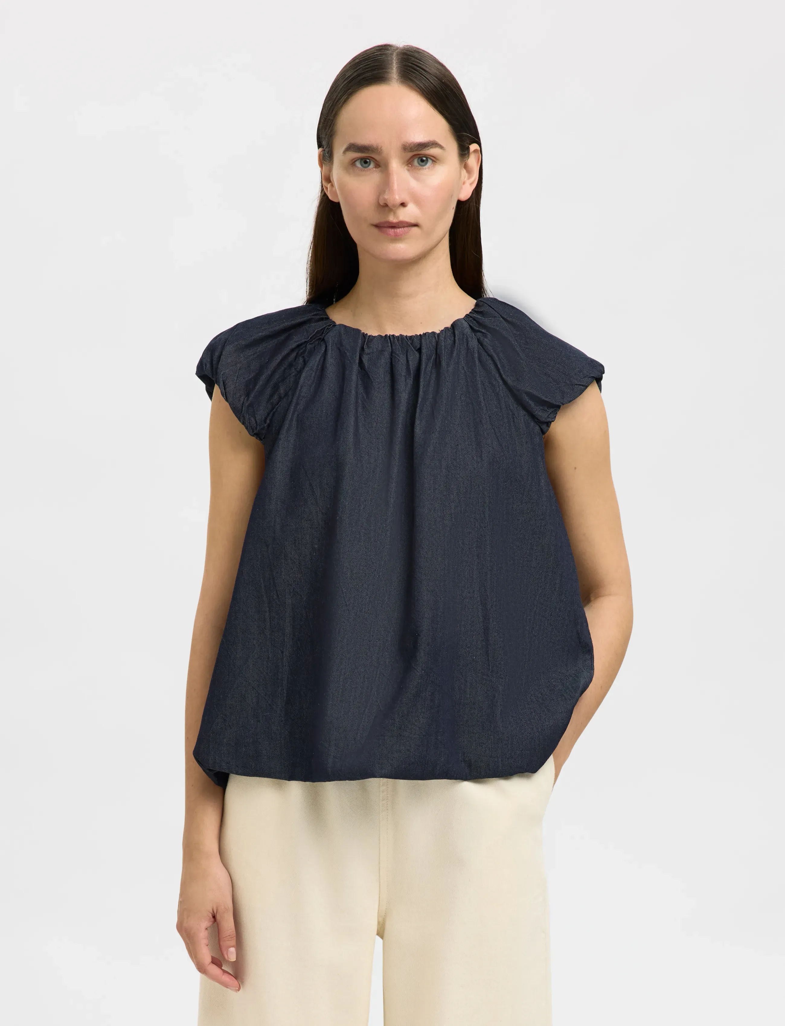 Selected SLFRILLO CAP SLEEVE DENIM TOP - T-shirts & Toppar - DARK BLUE DENIM / navy