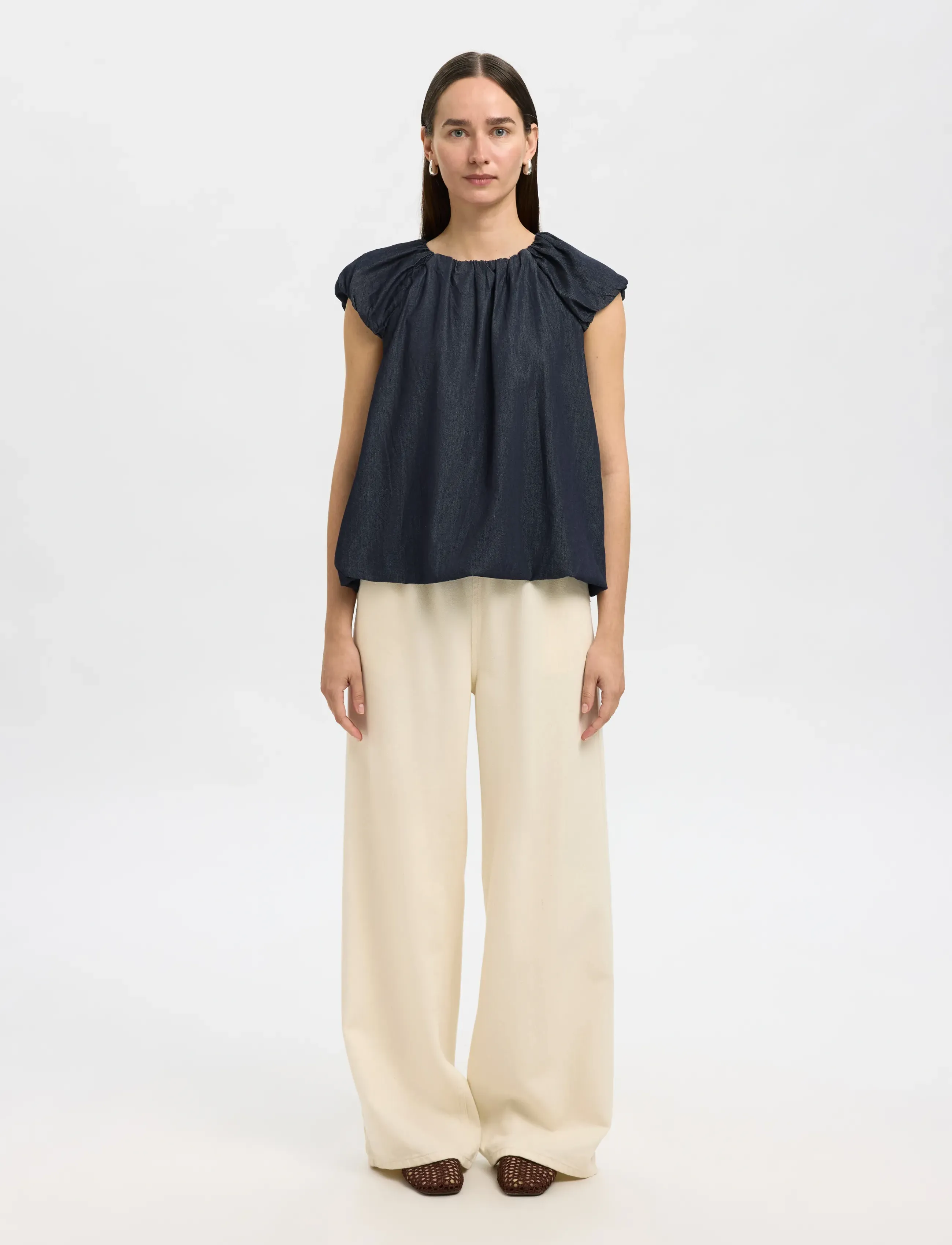 Selected - SLFRILLO CAP SLEEVE DENIM TOP - kortærmede bluser - dark blue denim - 3