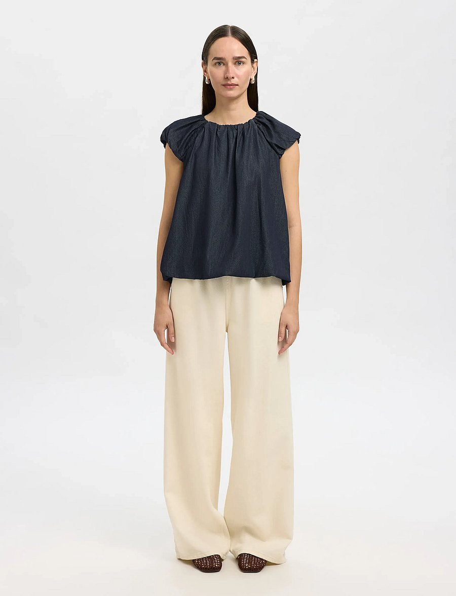 Selected - SLFRILLO CAP SLEEVE DENIM TOP - kurzärmelige blusen - dark blue denim - 3