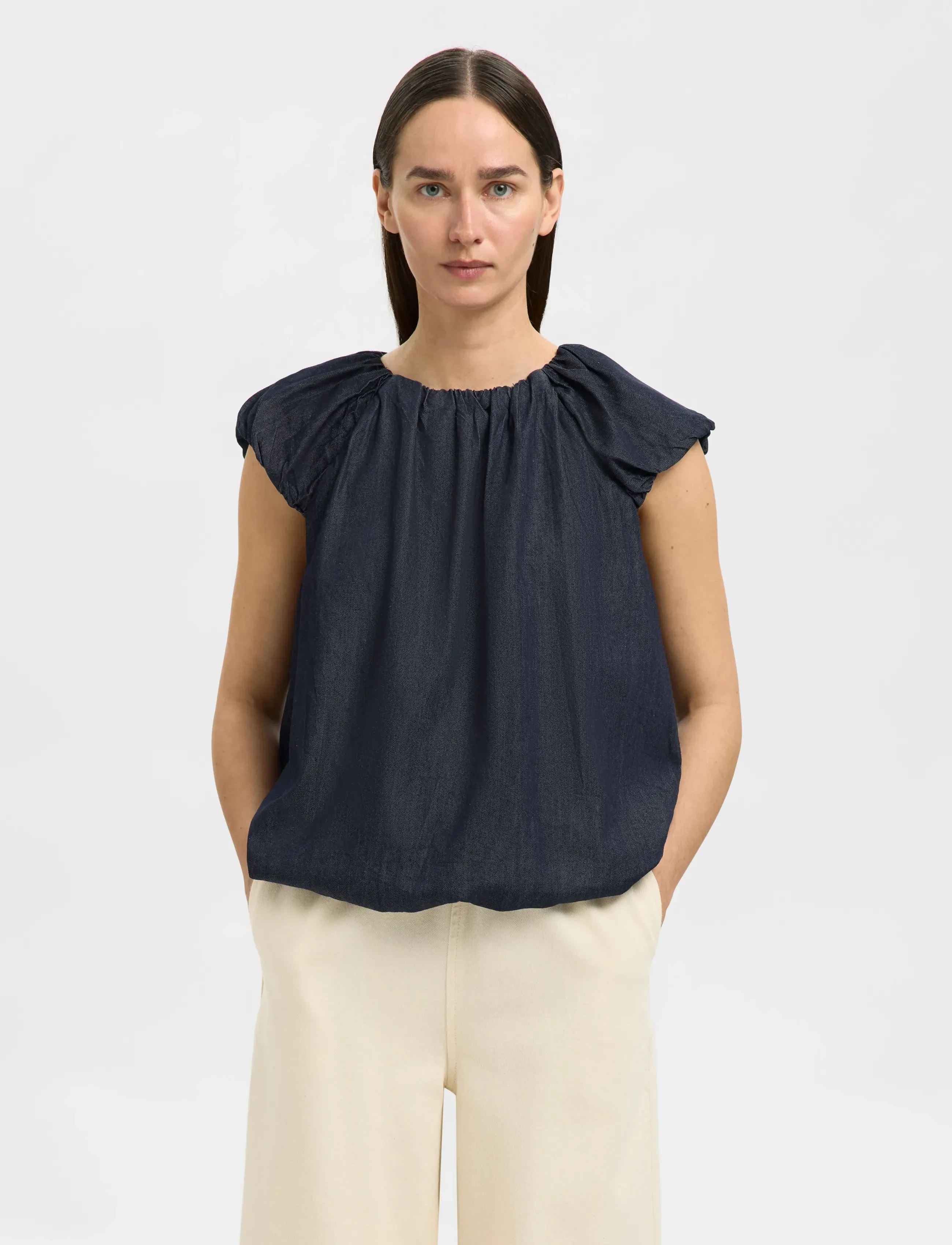Selected - SLFRILLO CAP SLEEVE DENIM TOP - kortærmede bluser - dark blue denim - 5