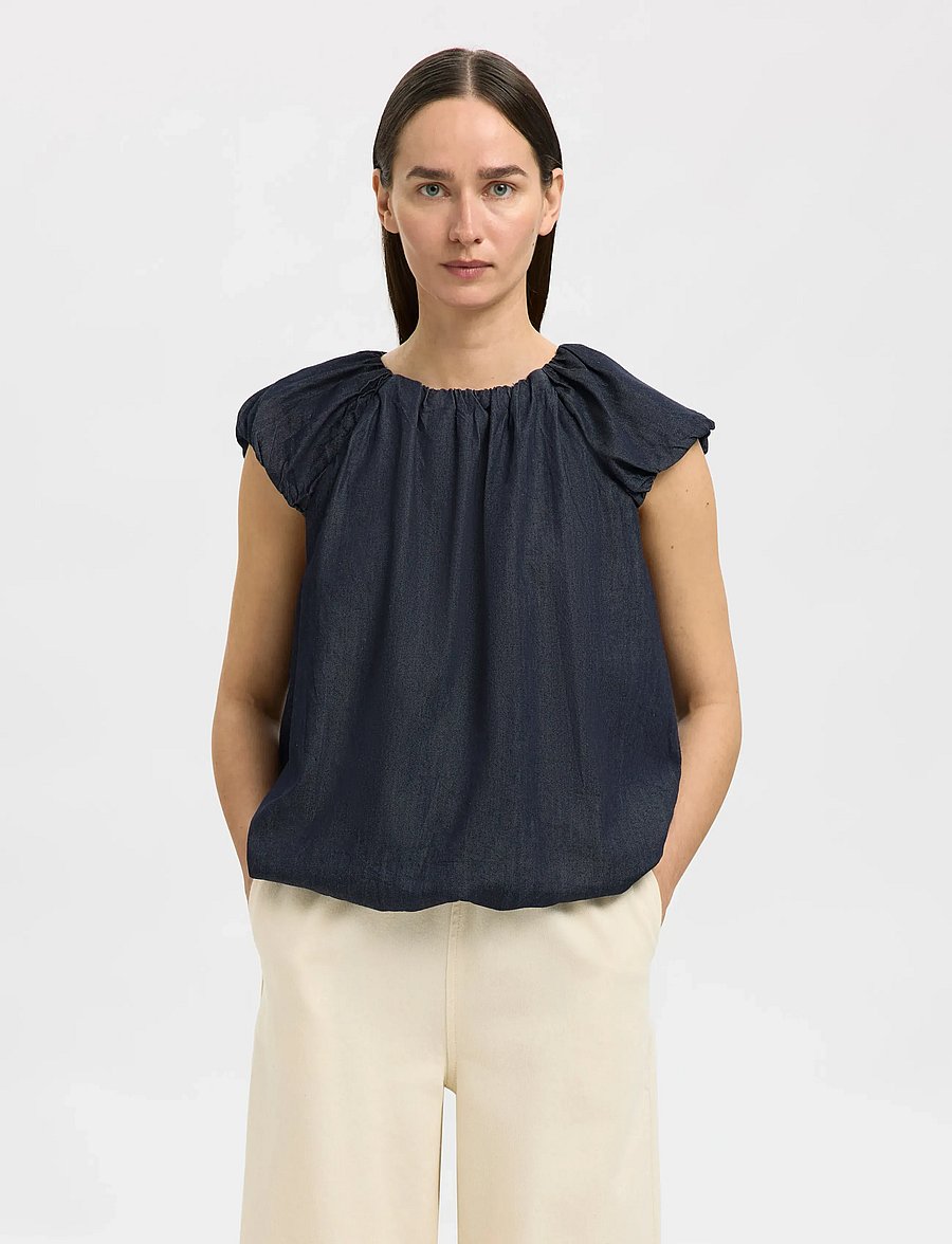 Selected - SLFRILLO CAP SLEEVE DENIM TOP - kurzärmelige blusen - dark blue denim - 5