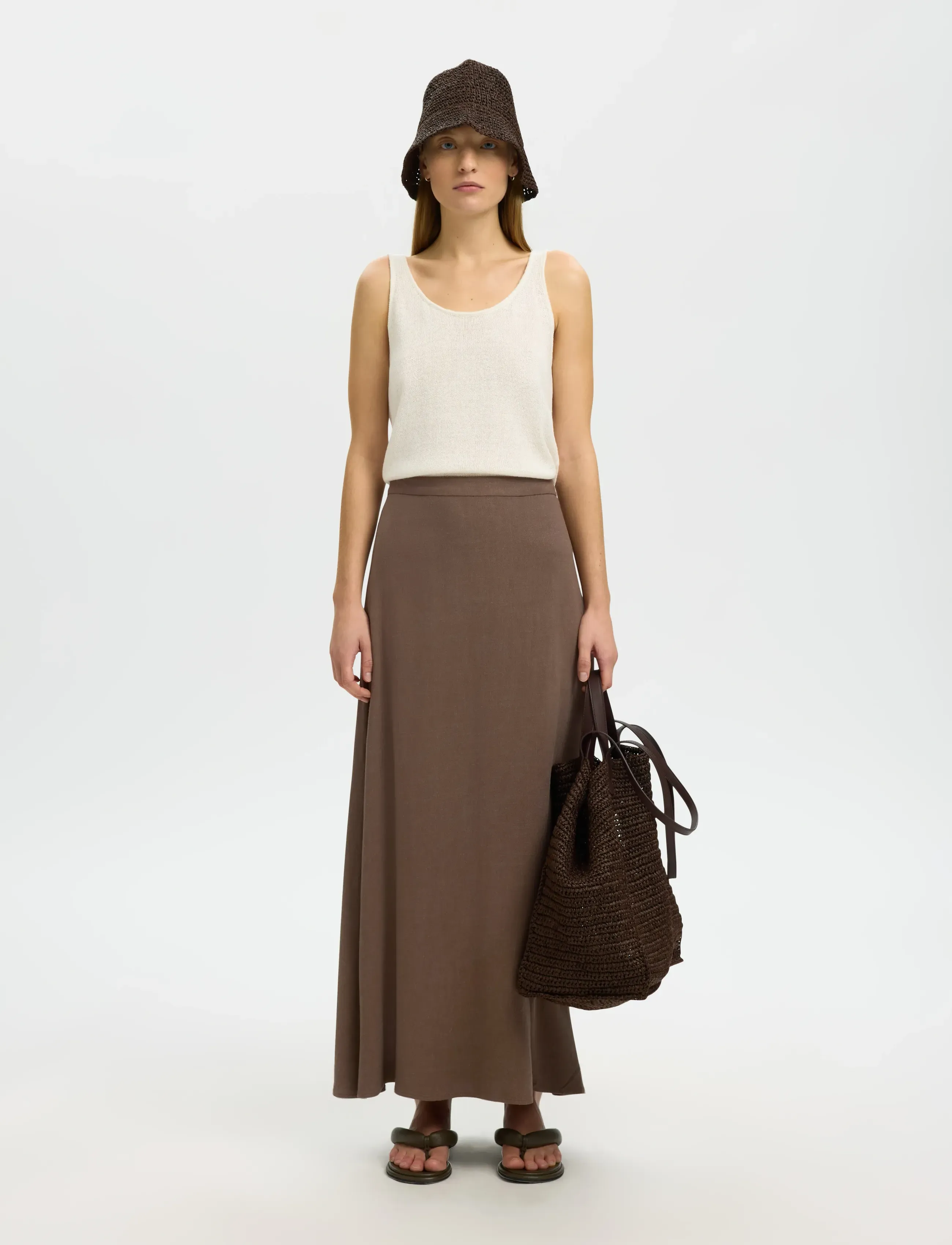 Selected - SLFVIVA HW ANKLE LINEN BLEND SKIRT NOOS - maxi nederdele - chocolate chip - 3