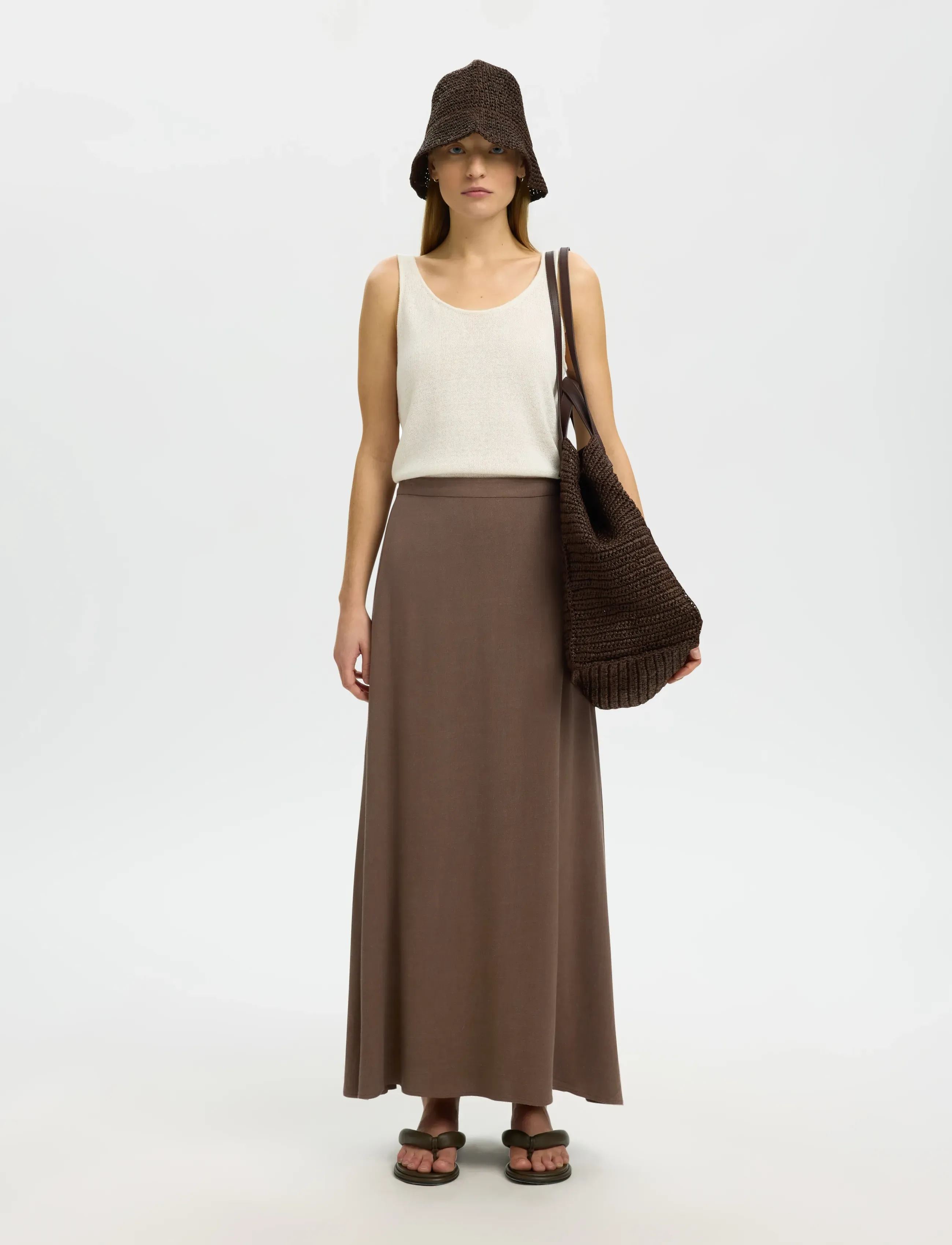 Selected - SLFVIVA HW ANKLE LINEN BLEND SKIRT NOOS - maxi nederdele - chocolate chip - 4