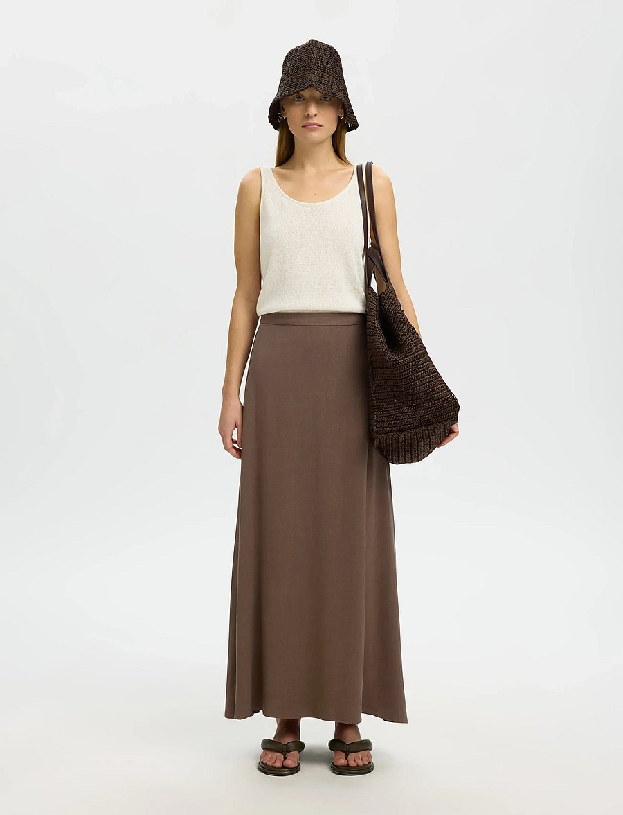 Selected - SLFVIVA HW ANKLE LINEN BLEND SKIRT NOOS - maxi röcke - chocolate chip - 4