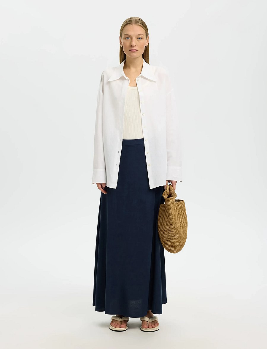 Selected - SLFVIVA HW ANKLE LINEN BLEND SKIRT NOOS - maxi röcke - dark sapphire - 3