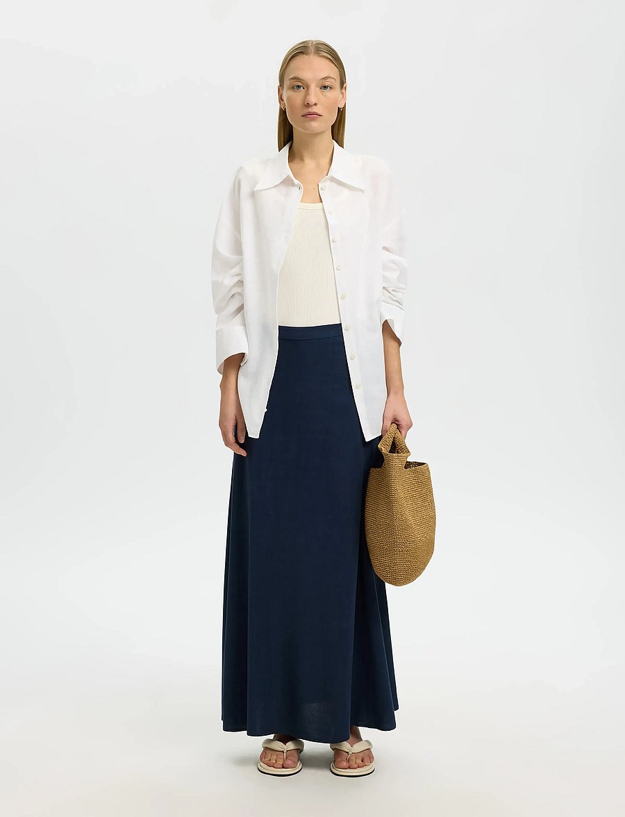 Selected - SLFVIVA HW ANKLE LINEN BLEND SKIRT NOOS - maxi röcke - dark sapphire - 5