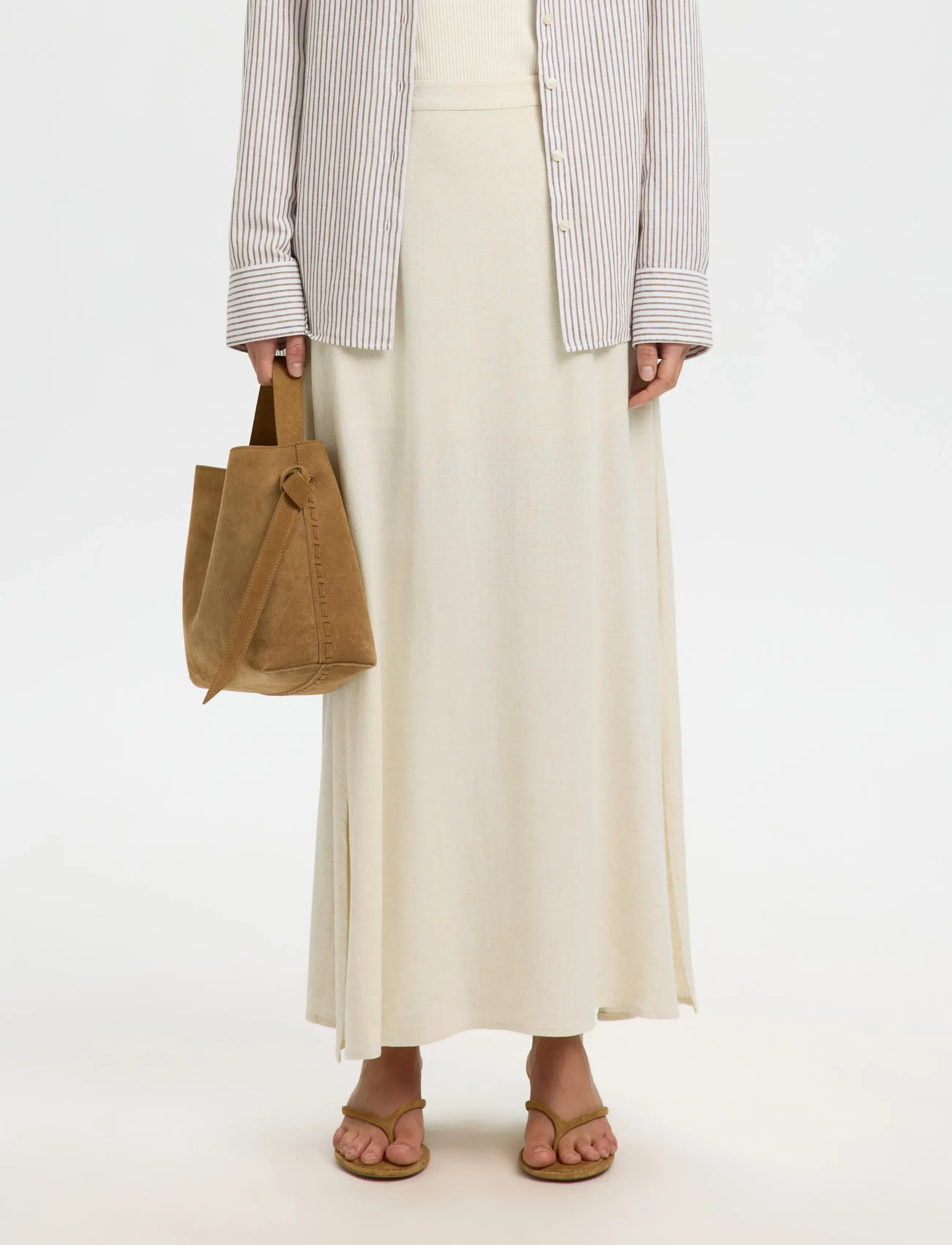 Selected SLFVIVA HW ANKLE LINEN BLEND SKIRT NOOS - Maxi nederdele - SANDSHELL / cream