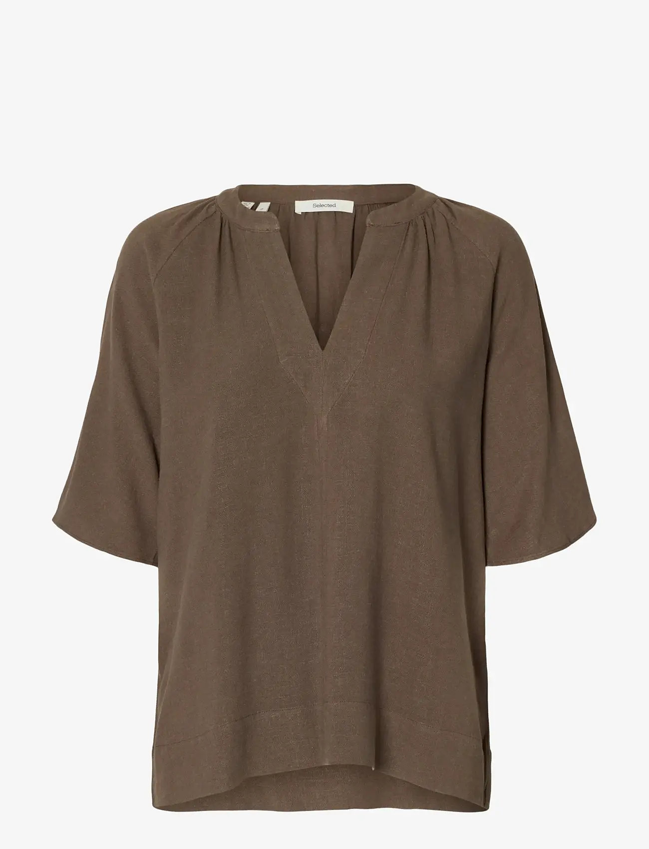 Selected - SLFVIVA 2/4 V-NECK LINEN BLEND TOP NOOS - chocolate chip - 1