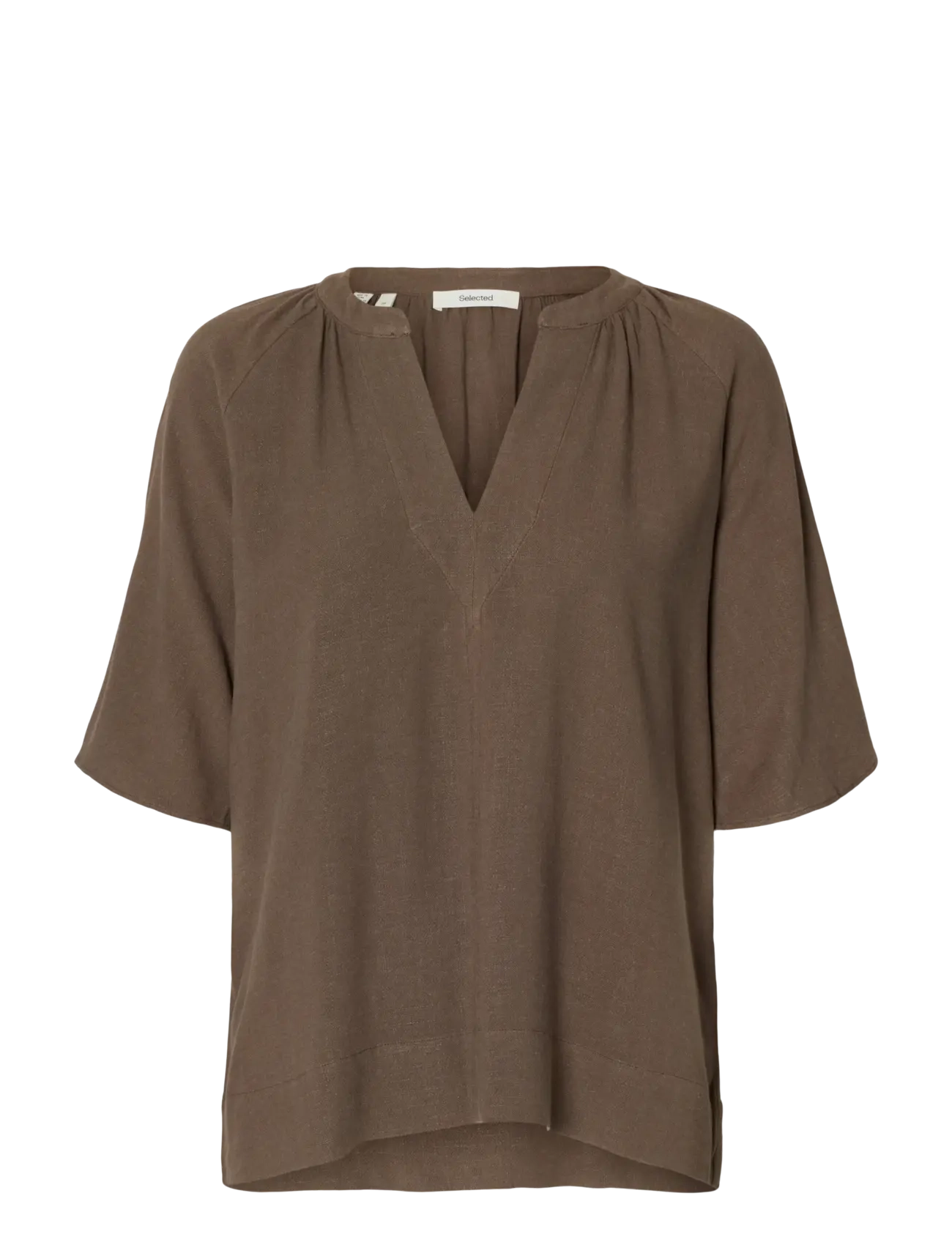 Selected SLFVIVA 2/4 V-NECK LINEN BLEND TOP NOOS - Bluser - CHOCOLATE CHIP / brown