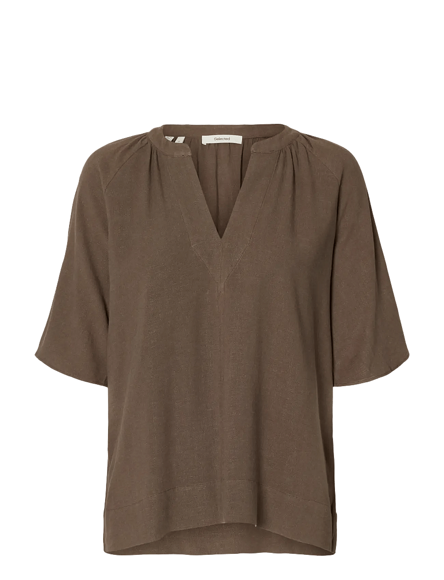 Selected - SLFVIVA 2/4 V-NECK LINEN BLEND TOP NOOS - kortærmede bluser - chocolate chip - 1