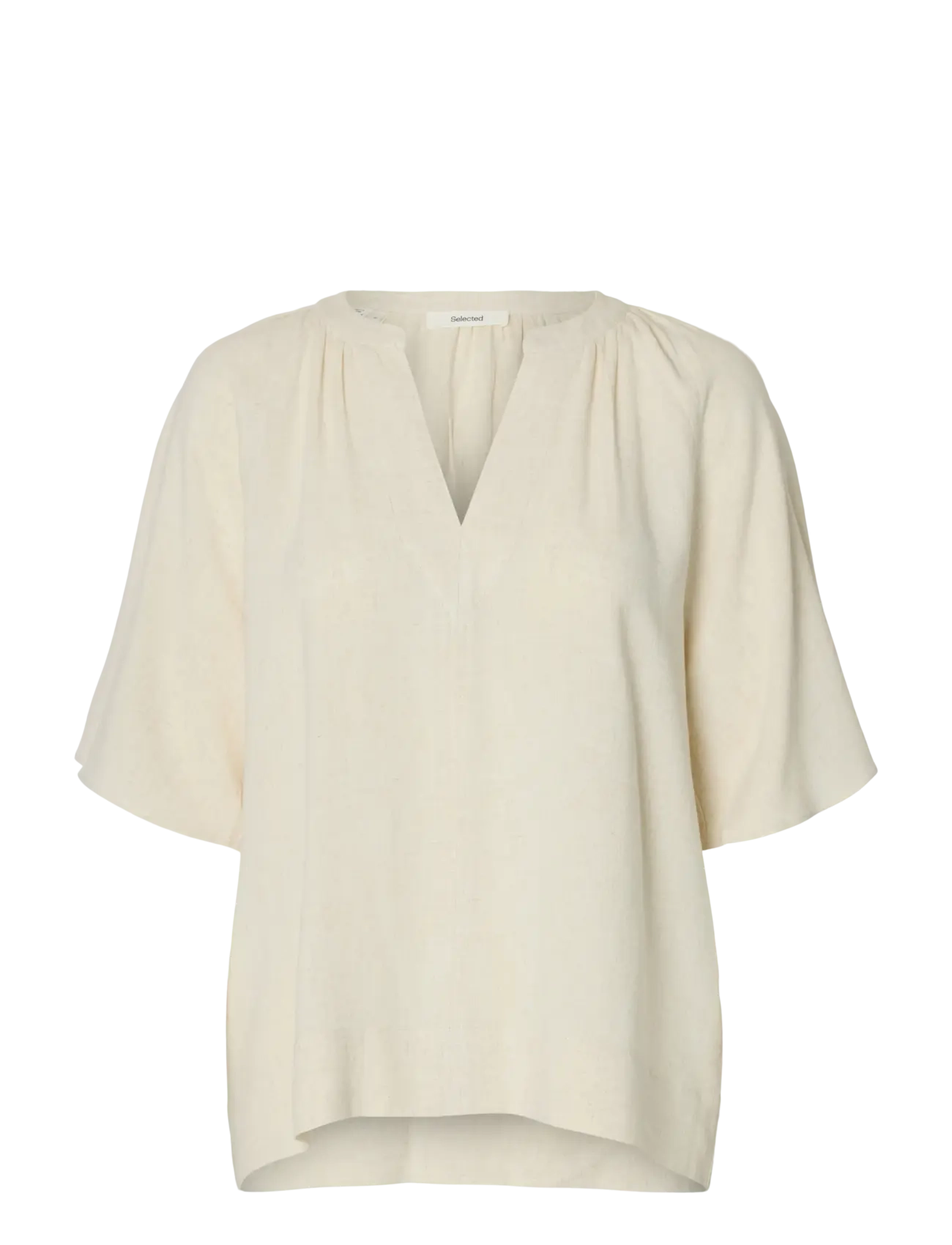Selected SLFVIVA 2/4 V-NECK LINEN BLEND TOP NOOS - Kortærmede bluser - SANDSHELL / beige