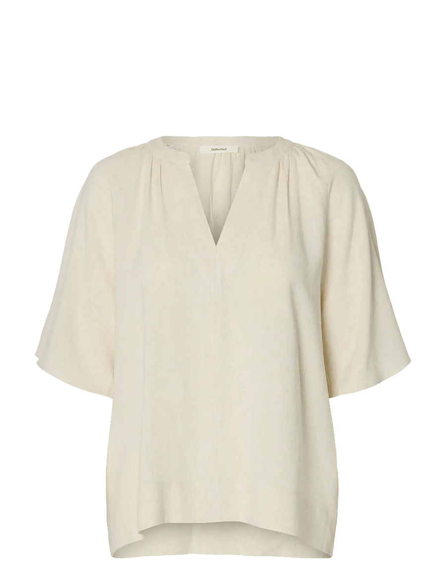 Selected - SLFVIVA 2/4 V-NECK LINEN BLEND TOP NOOS - kurzärmelige blusen - sandshell - 1